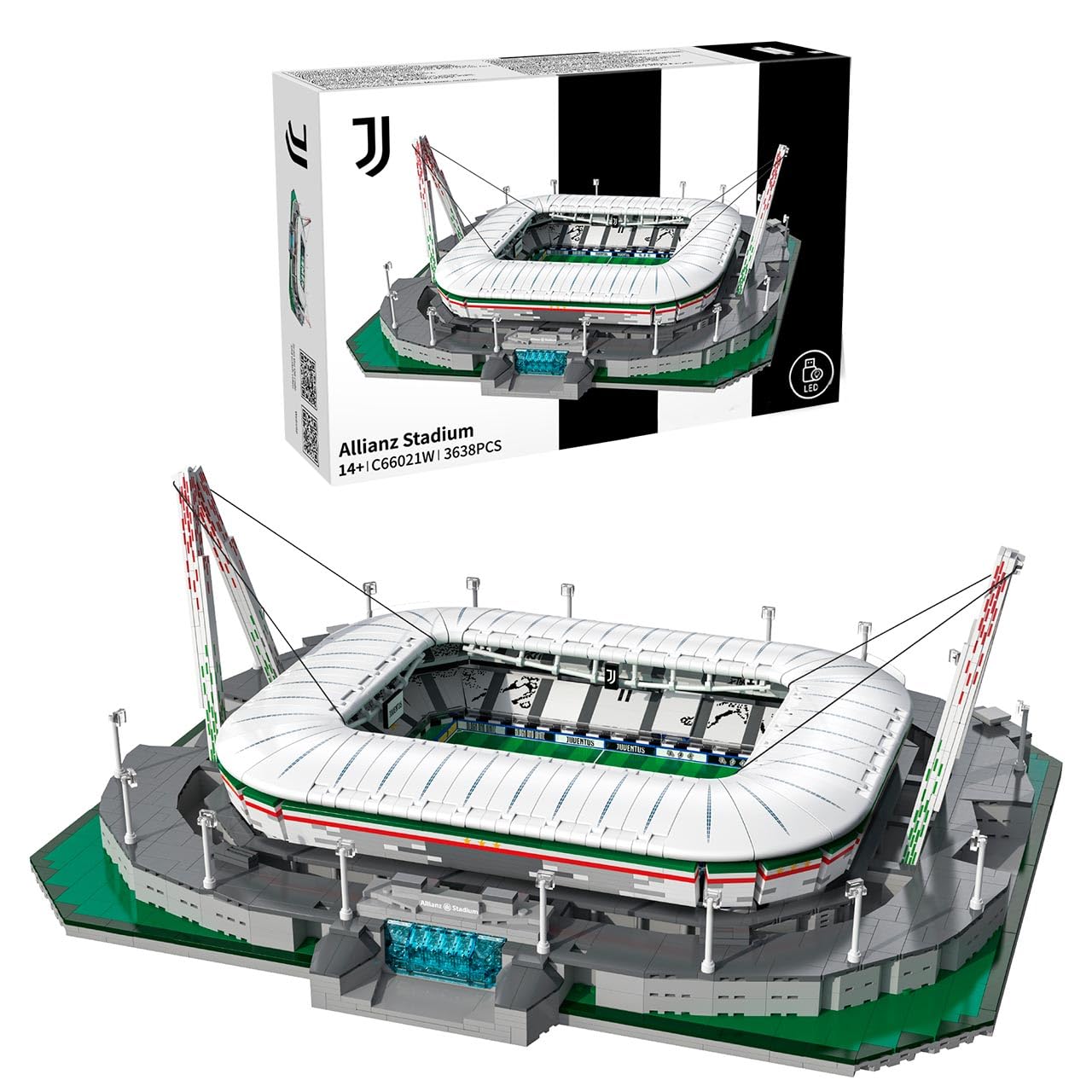 Fully assembled CaDA Juventus Stadium building set with its distinctive roof structure, field, and surrounding elements, showcasing the complete model.