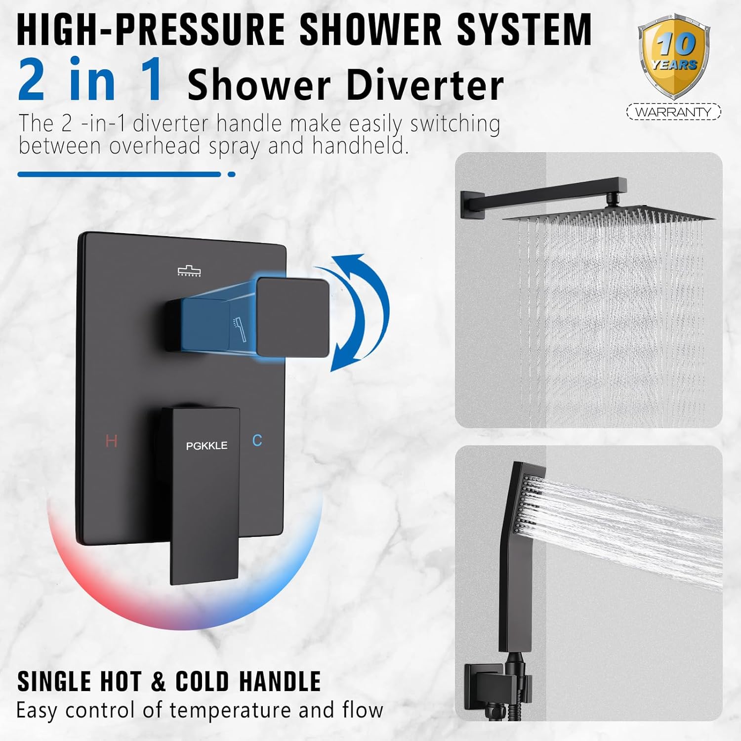 10 Inch Rainfall Shower System - Wall Mounted Complete Combo with Solid Brass Pressure Balancing Valve, High Pressure Shower Head, Handle Set & Installation Accessories Matte Black