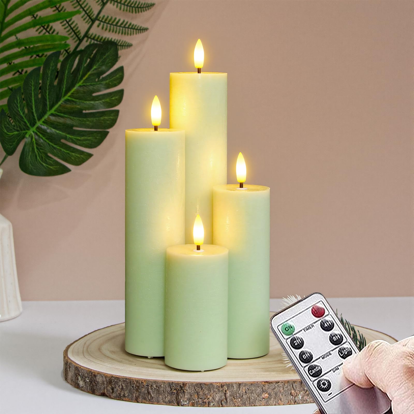 Vtobay Flickering Flameless Pillar LED Candles with Remote and Timer,Sage Green Pack of 4 Battery Operated(Powered by 2AA) Real Wax Tall Fake 3D-Wick Electric Candles(D 5,5CM x H 10 15 20 25 CM)
