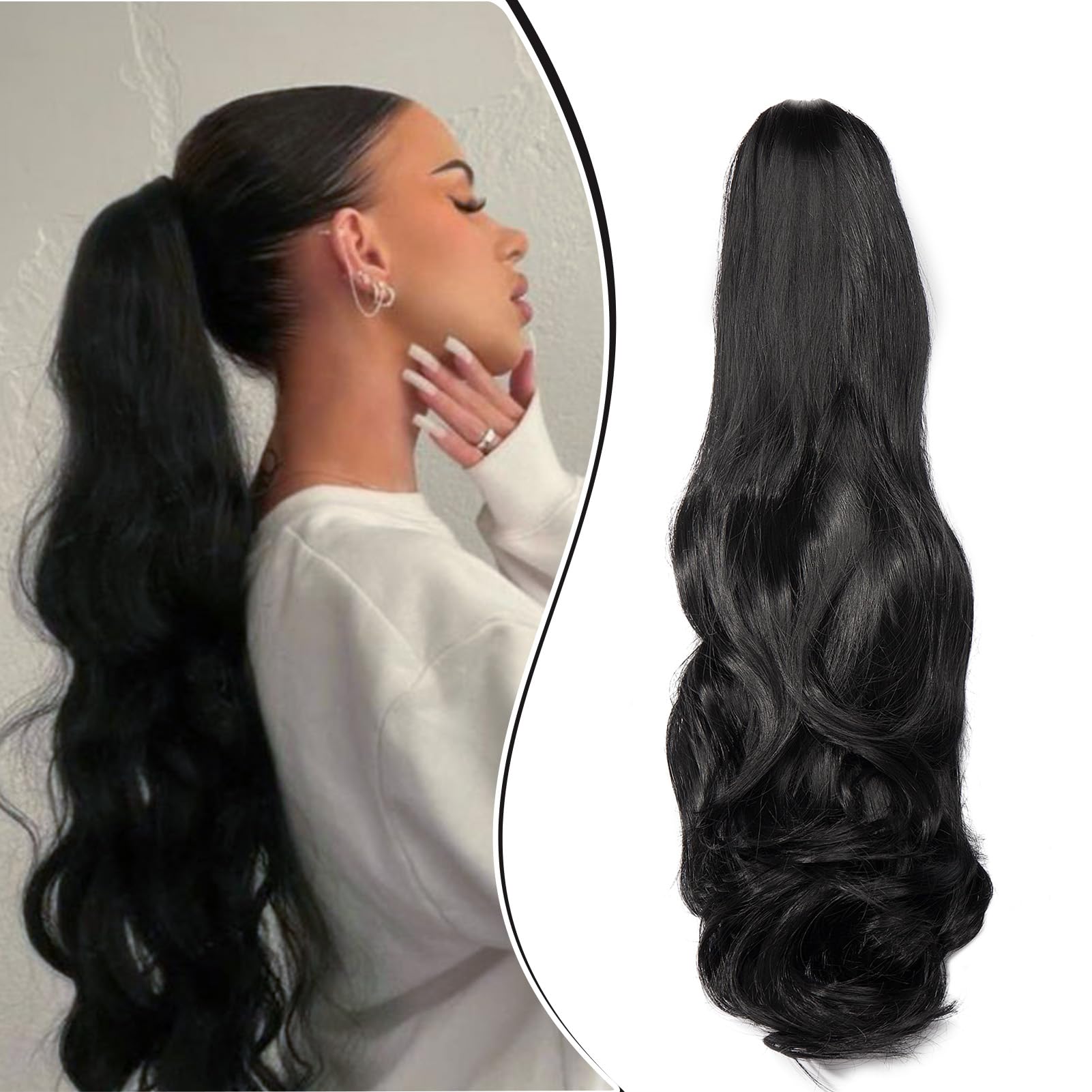 Dcbaboo Ponytail Extension Curly 18inch Claw Clip in Ponytail Hair Extensions Long Wavy Synthetic Pony tails Natural Wave One Piece Hairpiece Fake Ponytail for Women Black