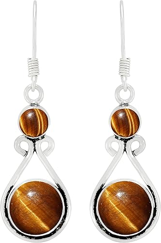 Round Shape Natural Gemstones Dangle Earrings for Women - 925 Sterling Silver Plated Dangle & Drop Handmade Jewelry Earrings - Gifts for Wedding,