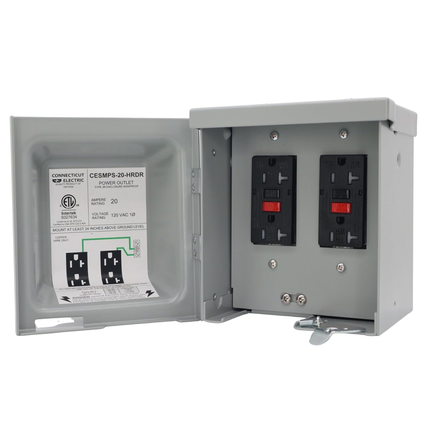 Connecticut Electric Dual 20 Amp Outdoor Electrical Outlet Box with (2) GFCI Receptacles | NEMA 3R All Weatherproof Enclosure|120V While-in-Use Power Outlet for Yard, Patio, Tools| ETL Listed