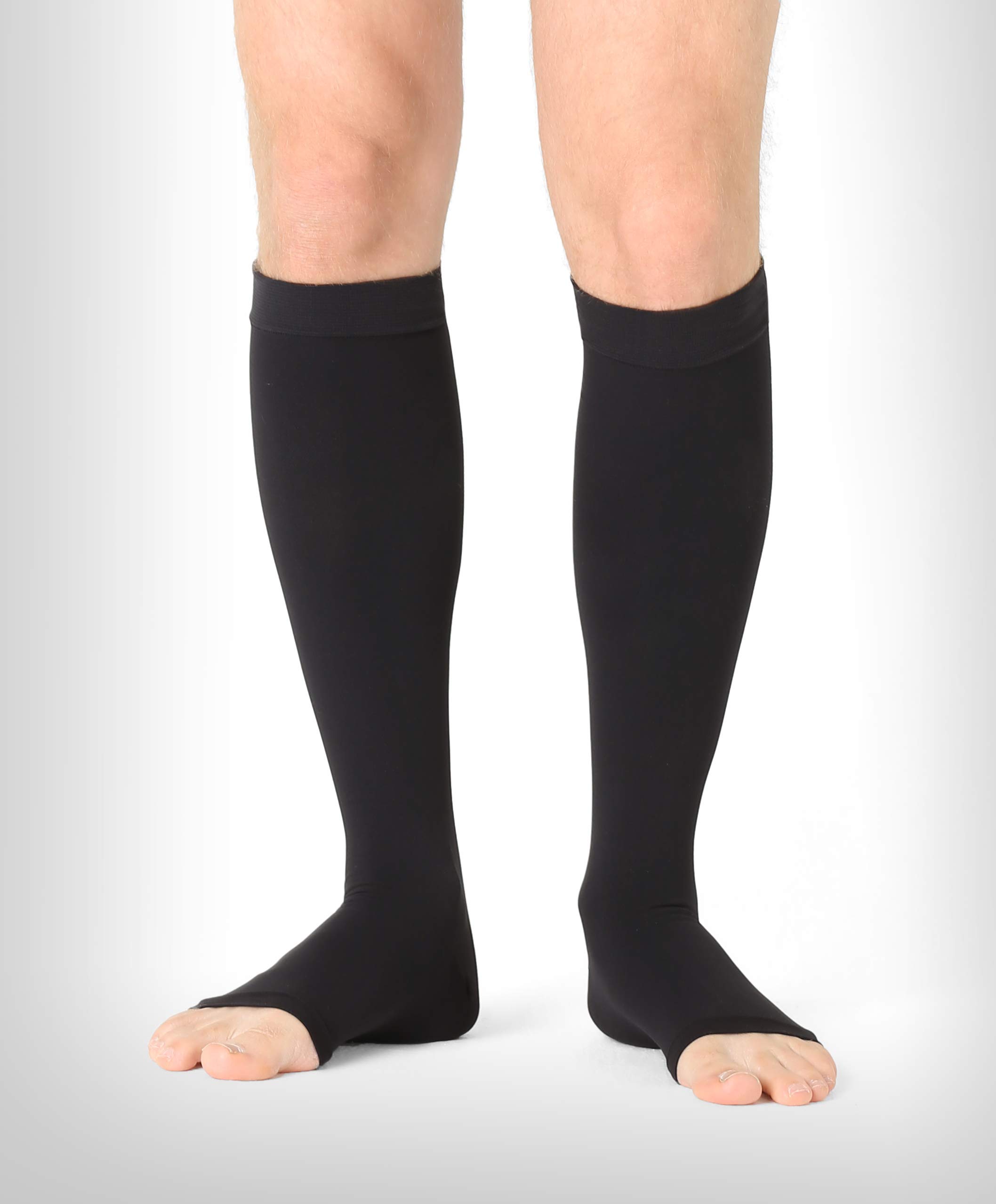 ®BeFit24 Gambaletti a compressione graduata a punta aperta (18-21 mmHg, 90 Denari, Classe 1) per uomo e donna - Calze elastiche antitrombo - Gambaletto per aereo - [ Size 4 - Long: A - Nero ]