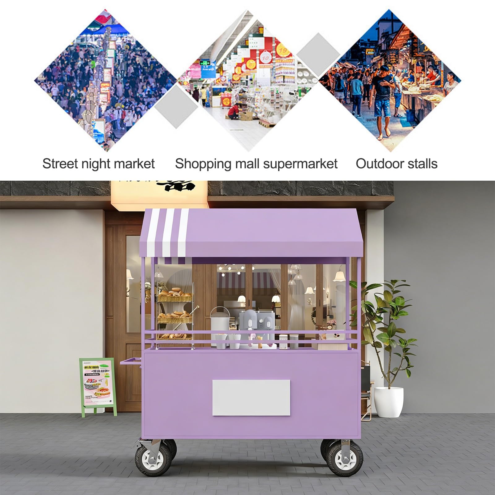 Carrello da 120 cm verde con ruote - Carrello espositore per gelati e giocattoli per street food, eventi e soluzioni di vendita di chioschi - Stand alimentare mobile, carrello portatile per snack