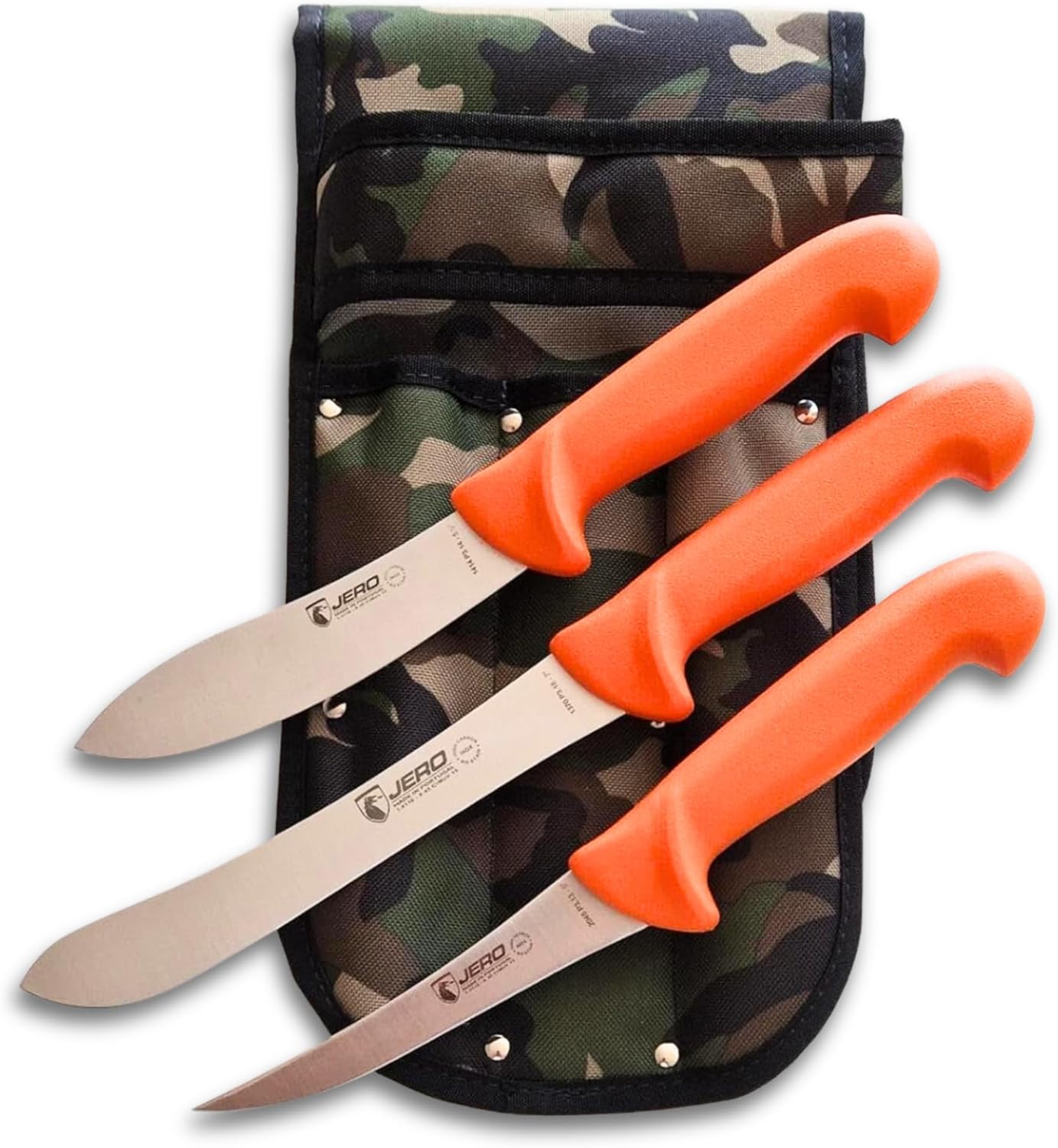 Jero Hunter Knife Set With Camo Scabbard Orange Handles