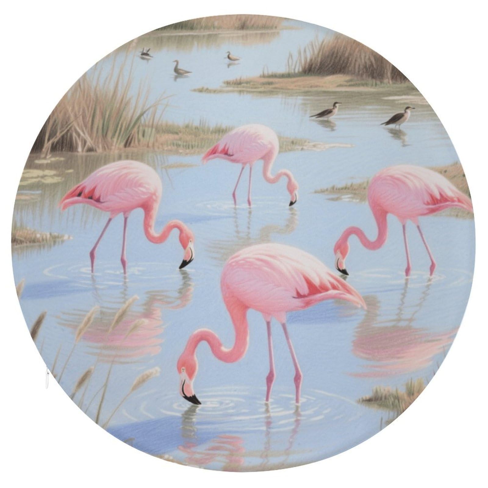 Foraging Flamingos okrągła poduszka, z dodatkiem pianki z pamięcią kształtu, poduszka na krzesło, pokrowiec poliestrowy z zamkiem błyskawicznym, poduszka do siedzenia na łóżko, sofę, krzesło
