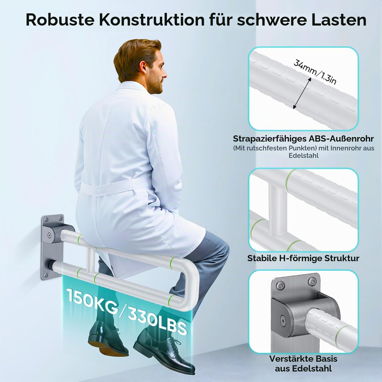 60cm Haltegriff Toilette Klappbar, Wandstützgriff Klappbar, Tragfähigkeit 150 kg, Toiletten Aufstehhilfe, Haltegriffe für Senioren, Behinderten, Schwangere