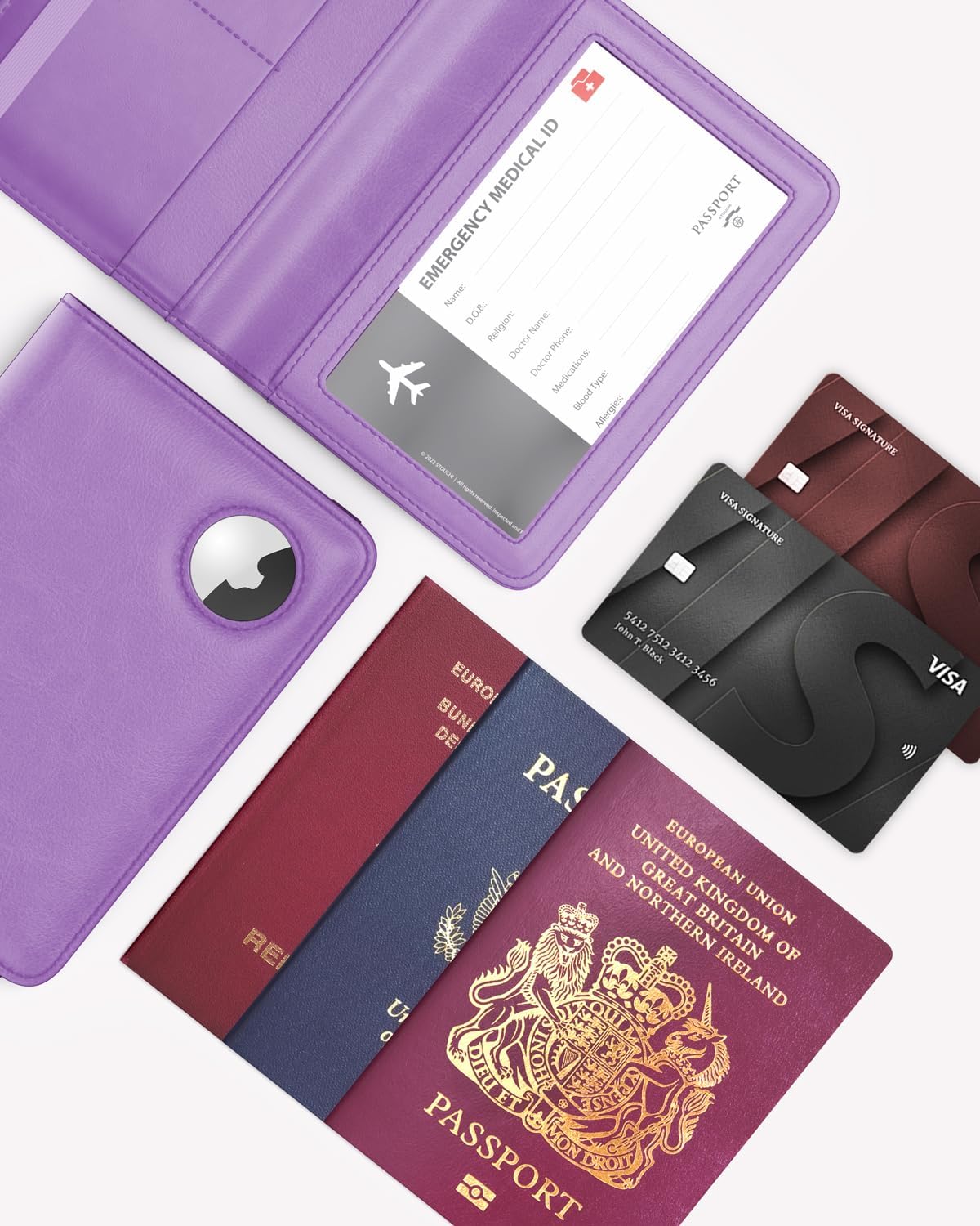 Stouchi AirTag Passport Holder, Anti-Lost Passport Holder with Airtag Slot, Passport Wallet Cover with RFID Blocking, Leather Passport Case Travel Accessories for Women, Purple - Image 7