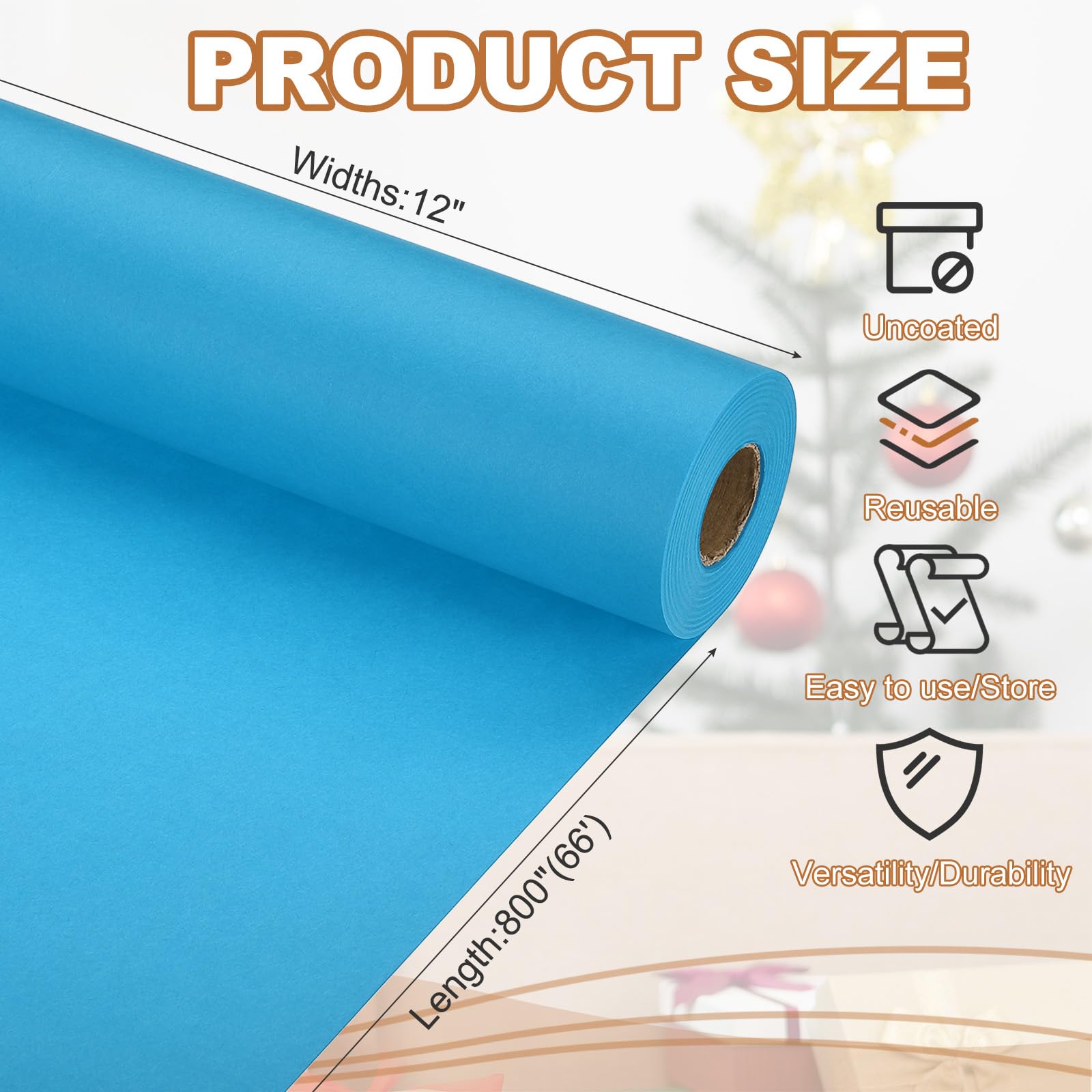 PATIKIL Wrapping Paper, 12" x 800"(66') 70 GSM Craft Paper Roll Kraft Packing Paper for Poster Bulletin Board Gift Wrapping, Light Blue - Image 2