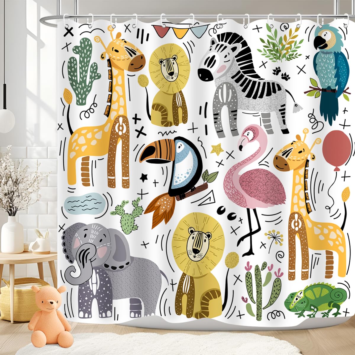 ZXMBF Cute Animal Shower Curtain Wildlife Lion Zebra Elephant Chameleon Flamingo Giraffe Home Bathroom Decor Waterproof Fabric 72Lx72W Inch with