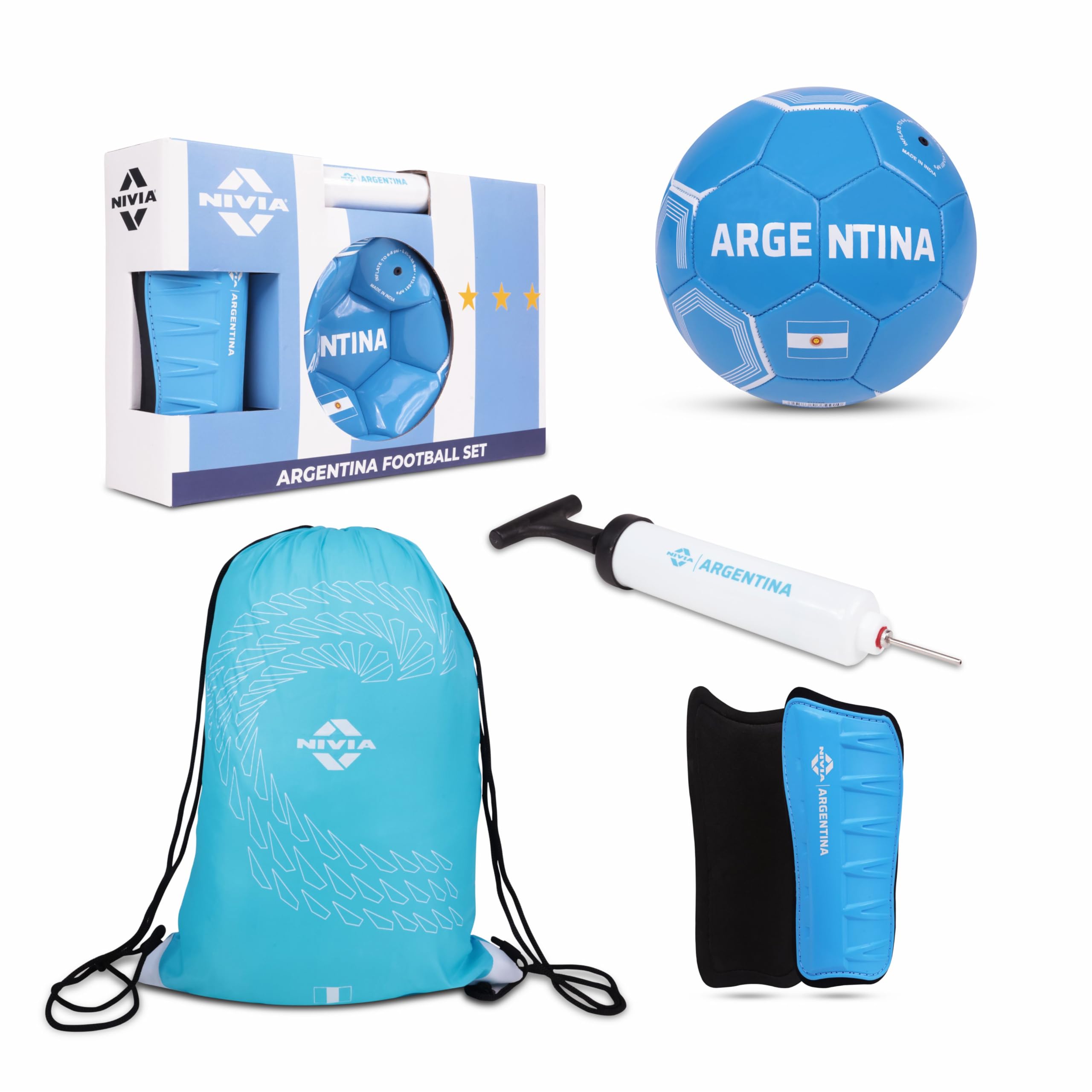 NIVIA Football Combo Pack of 4, 1 PVC Football, 1 Pair Shin Guard, 1 Ball Pump, 1 Carry Bag, for Kids & Adults, Size-3 (Argentina)-image-17