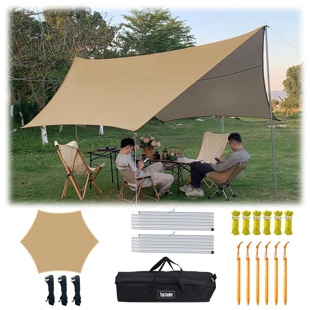 Großes Camping Tarp Zelt Ultraleicht Wasserdicht Multifunktional Awning Hexagon Tarpaulin Shelter für Auto Bushcraft Hängematte Backpacking Outdoor Survival (beige) (Beige, 4,5x4,5 tarp with Poles)