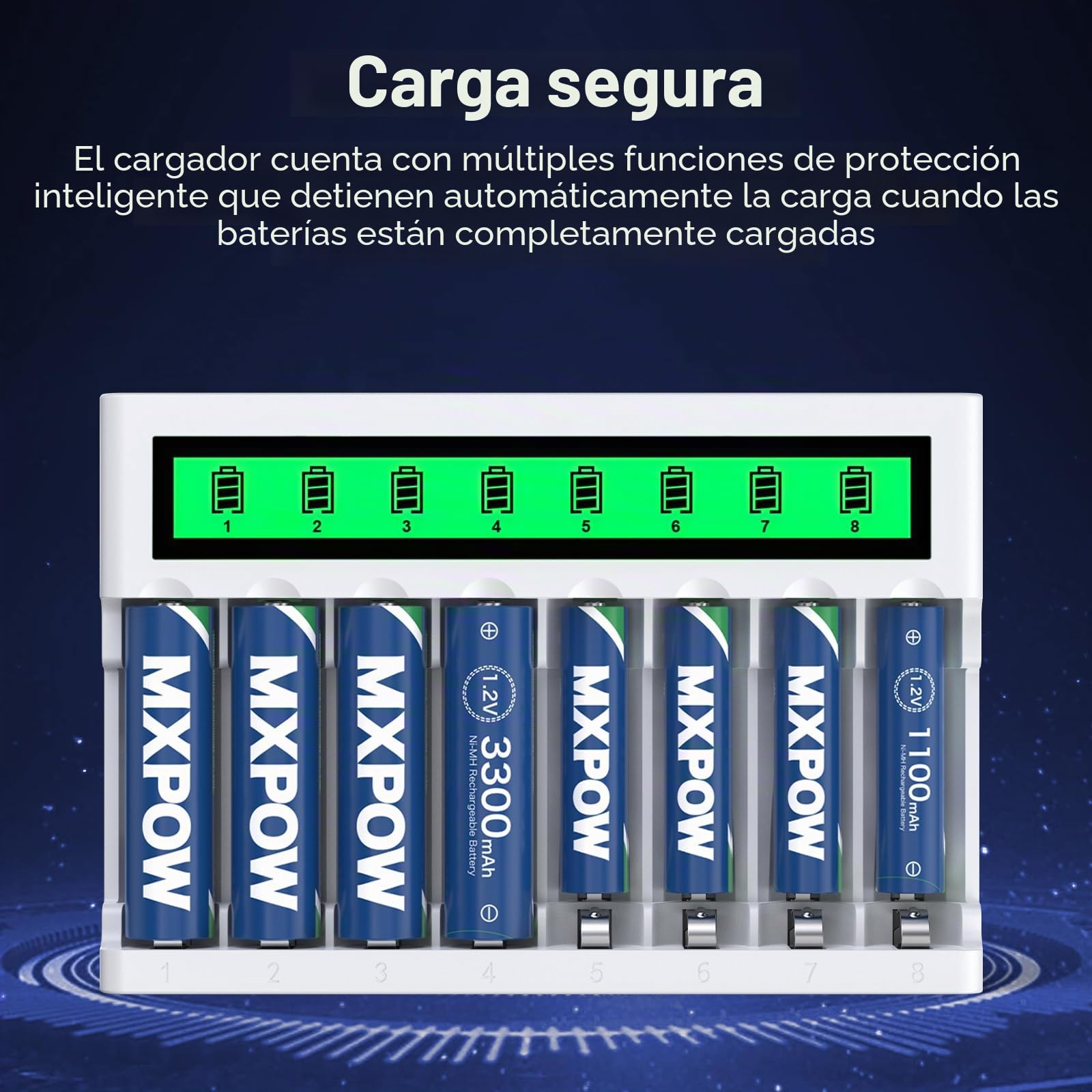 Cargador Pilas Recargables AA y AAA, 4 AA 3300mAh, 4 AAA 1100mAh | 1,2V, 8 bahías, Pantalla LCD, Para mandos a distancia, relojes, linternas, radios portátiles, juguetes