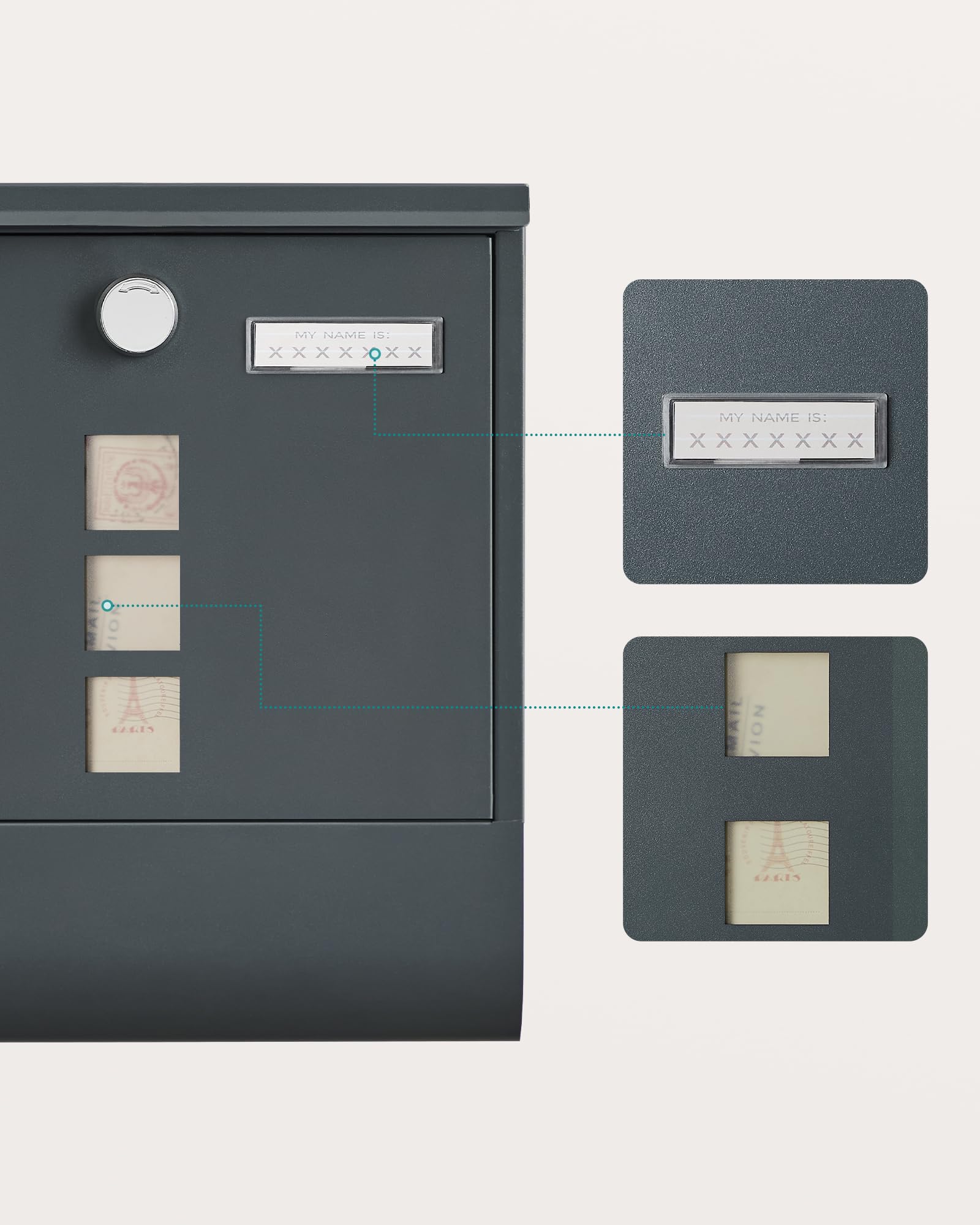 SONGMICS Cassetta Postale, Cassetta Posta, Serratura con Cilindro in Lega di Zinco e Copertura Girevole, Finestre, Targhetta, Portagiornali, 10 x 30,8 x 33,8 cm, Grigio Antracite GMB20AG