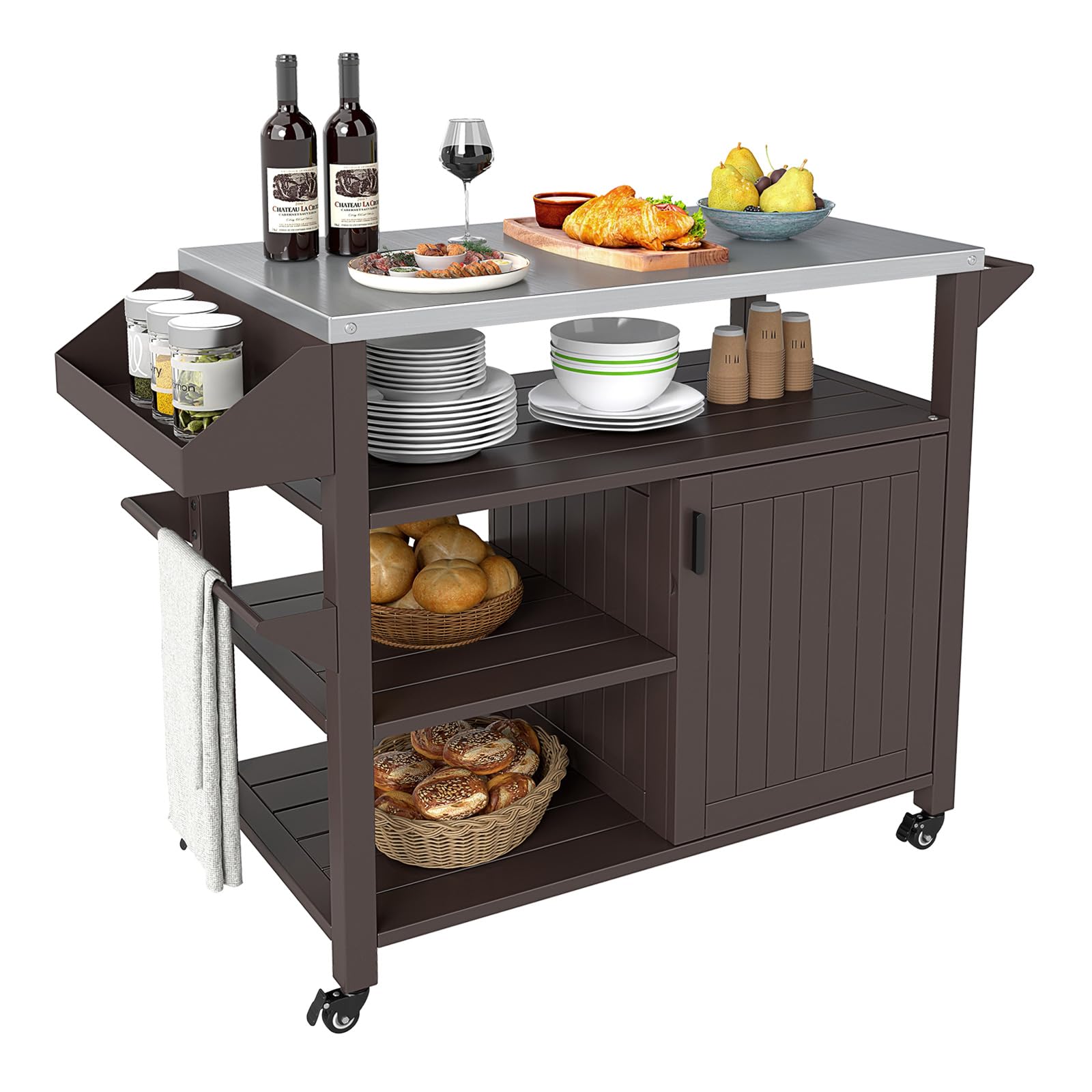 COSTWAY Grillwagen, grilltafel, outdoor, pizzatafel met 4 planken en 4 wielen en haken, grill bijzettafel, serveerwagen voor buiten, 85 x 50,5 x 93 cm