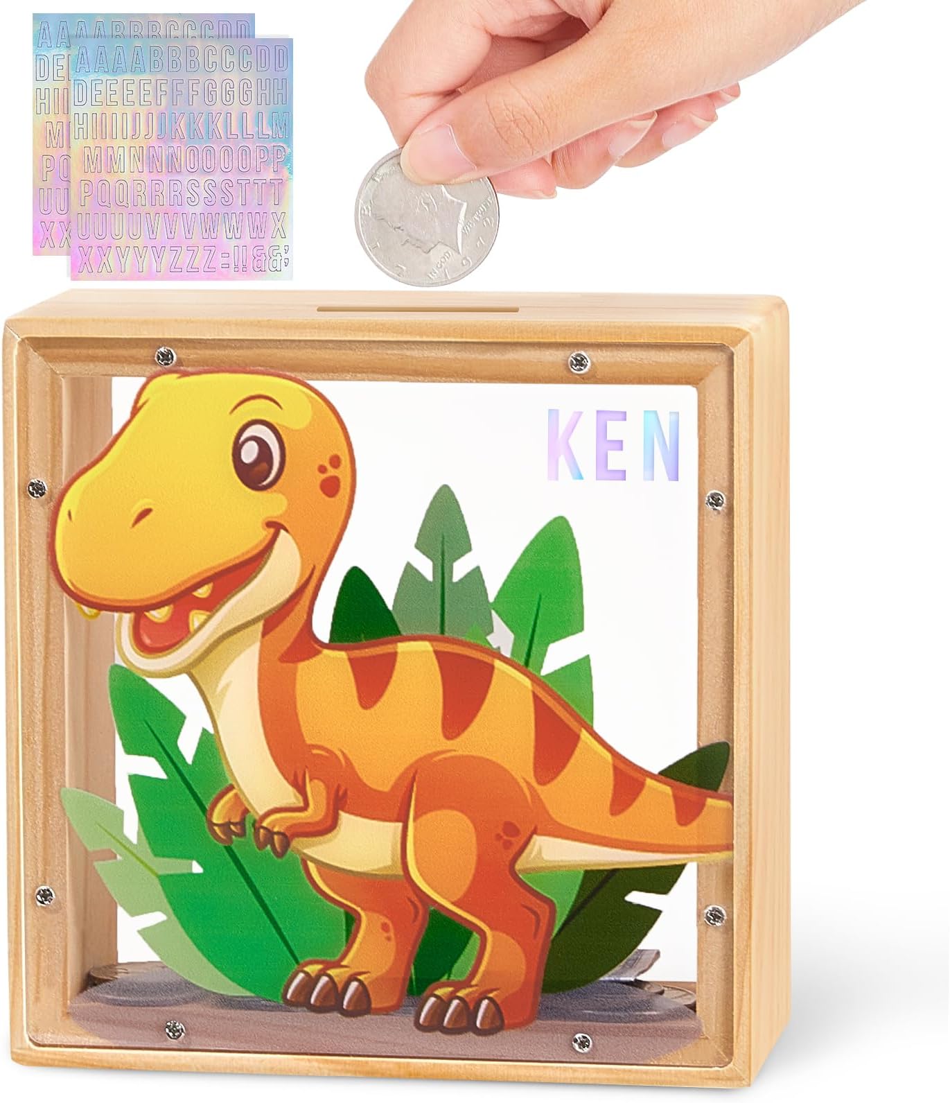 Piggy Bank for Kids, Wooden Money Coin Bank for Boys and Girls, Dinosaur Unicorn Piggy Banks with DIY Stickers for Birthday, Easter Gifts (Orange)