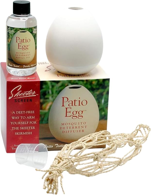 Patio Egg Diffuser + Oil - Natural Insect Deterrent | Essential Oil Set – No Flame or Power – Includes Beaker & Netting – Patios, Garages, Stables – Covers Up to 300 Sq Ft