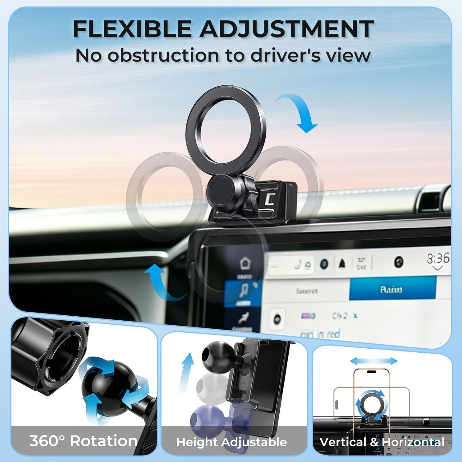 Car Phone Holder for Jeep Wrangler/Gladiator 2026 2025 2024 (Only for 12.3-Inch Screen) 360° Rotation Magnetic Cell Phone Mount, Compatible with Magsafe, Does Not Affect Air Vent