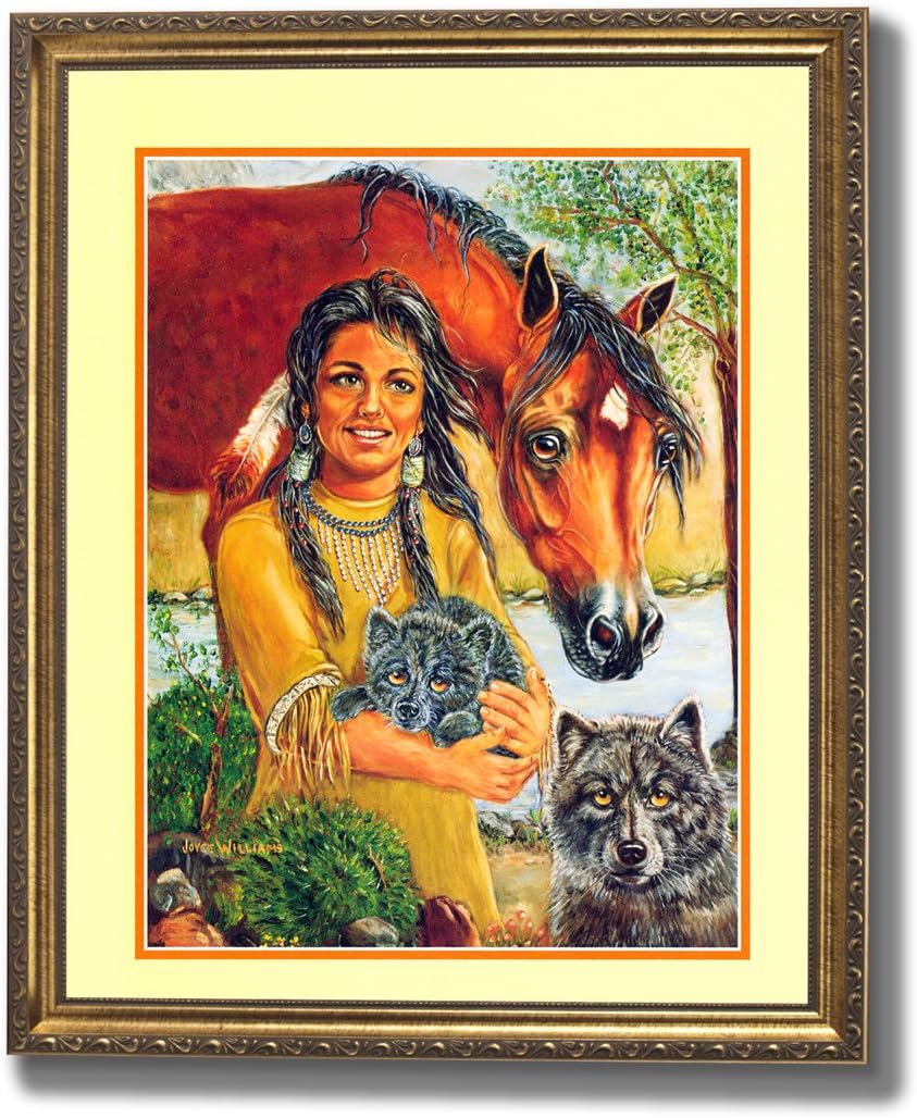 Native American Indian Girl With Wolf And Horse Animal Wall Picture Gold Framed Art Print
