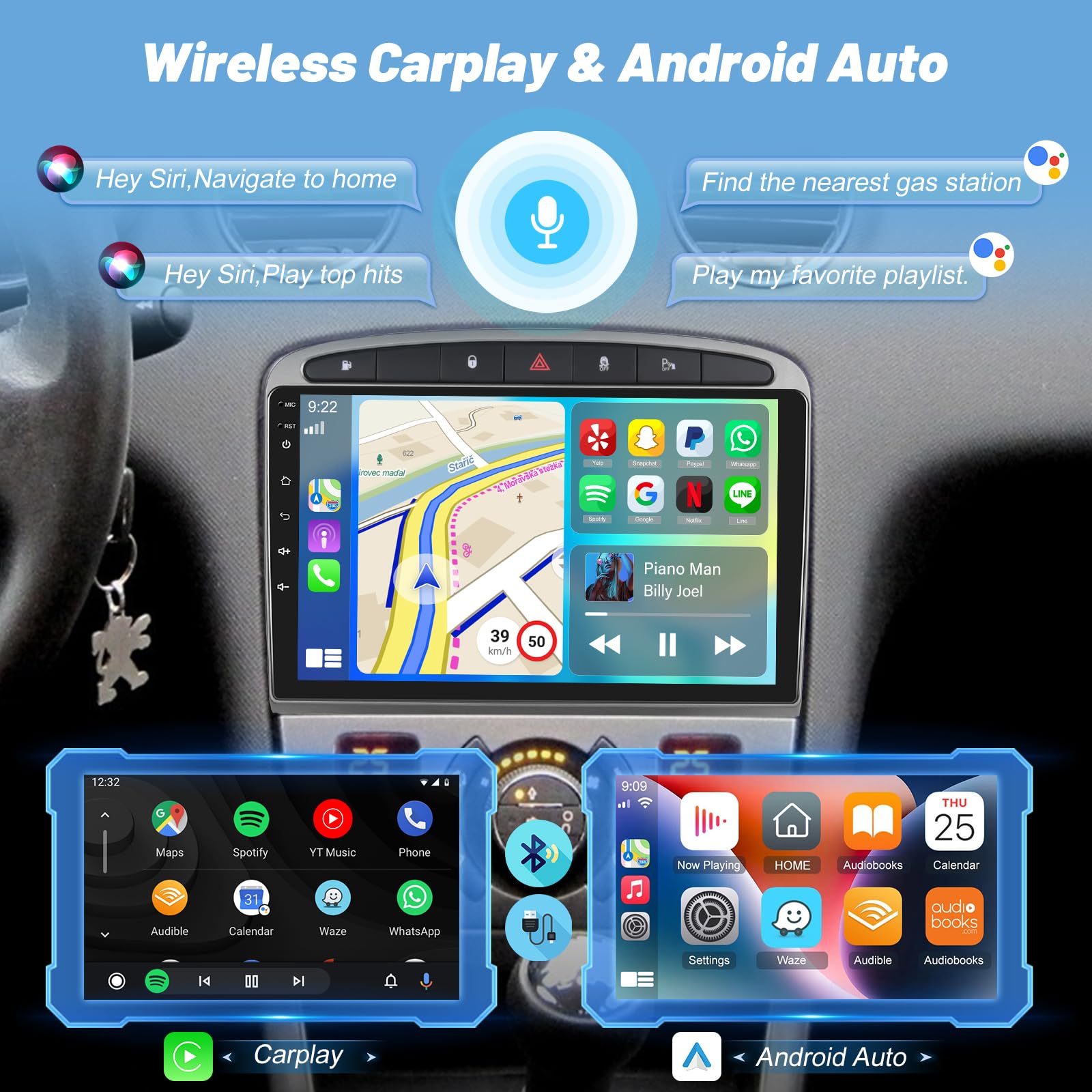Autoradio pour Peugeot 308 408 2007-2015, [2G+64G] Autoradio Android à Écran Tactile avec sans Fil Carplay et Android Auto/Bluetooth/WiFi/Bluetooth/EQ/FM RDS Radio