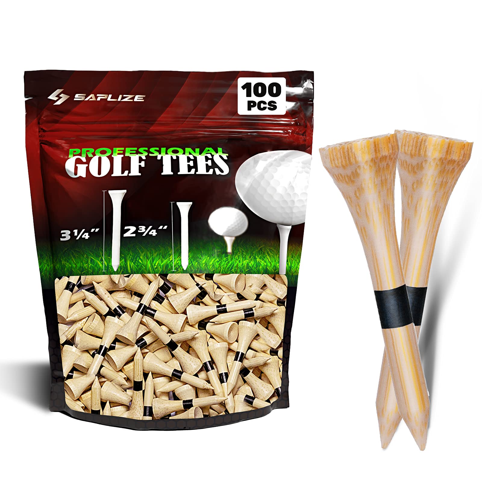 SAPLIZE Bamboo Golf Tees Pack of 100 or 150, Four Size Options (3-1/4", 2-3/4", 2-1/8", 1-1/2"), Stable and Reliable Golf Tees, Available in Natural Color