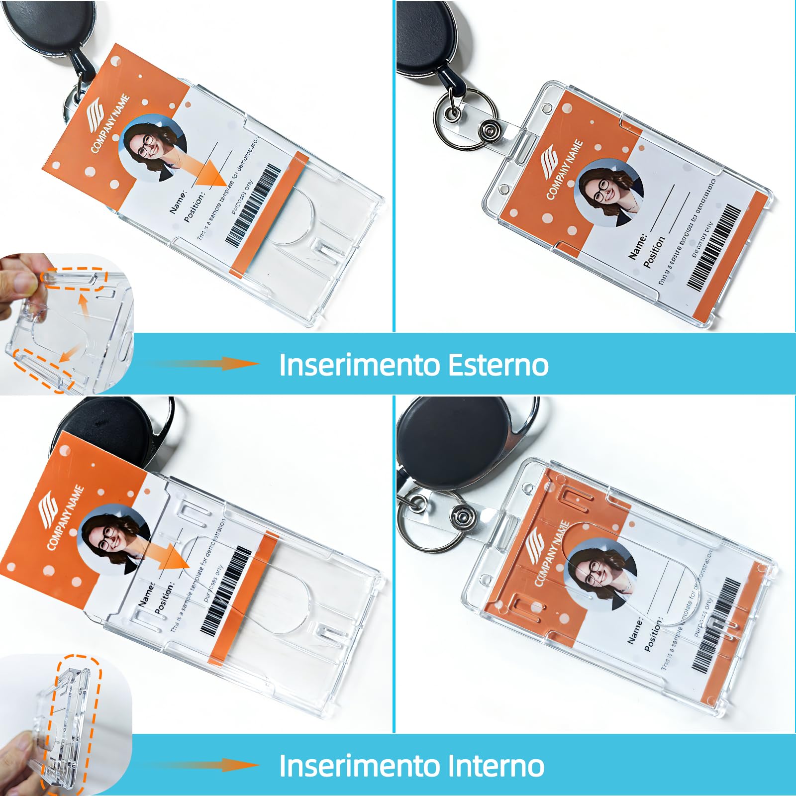 Porta Badge con Portachiavi Retrattile 3 Pezzi, Plastica PC Extra Spesso Trasparente