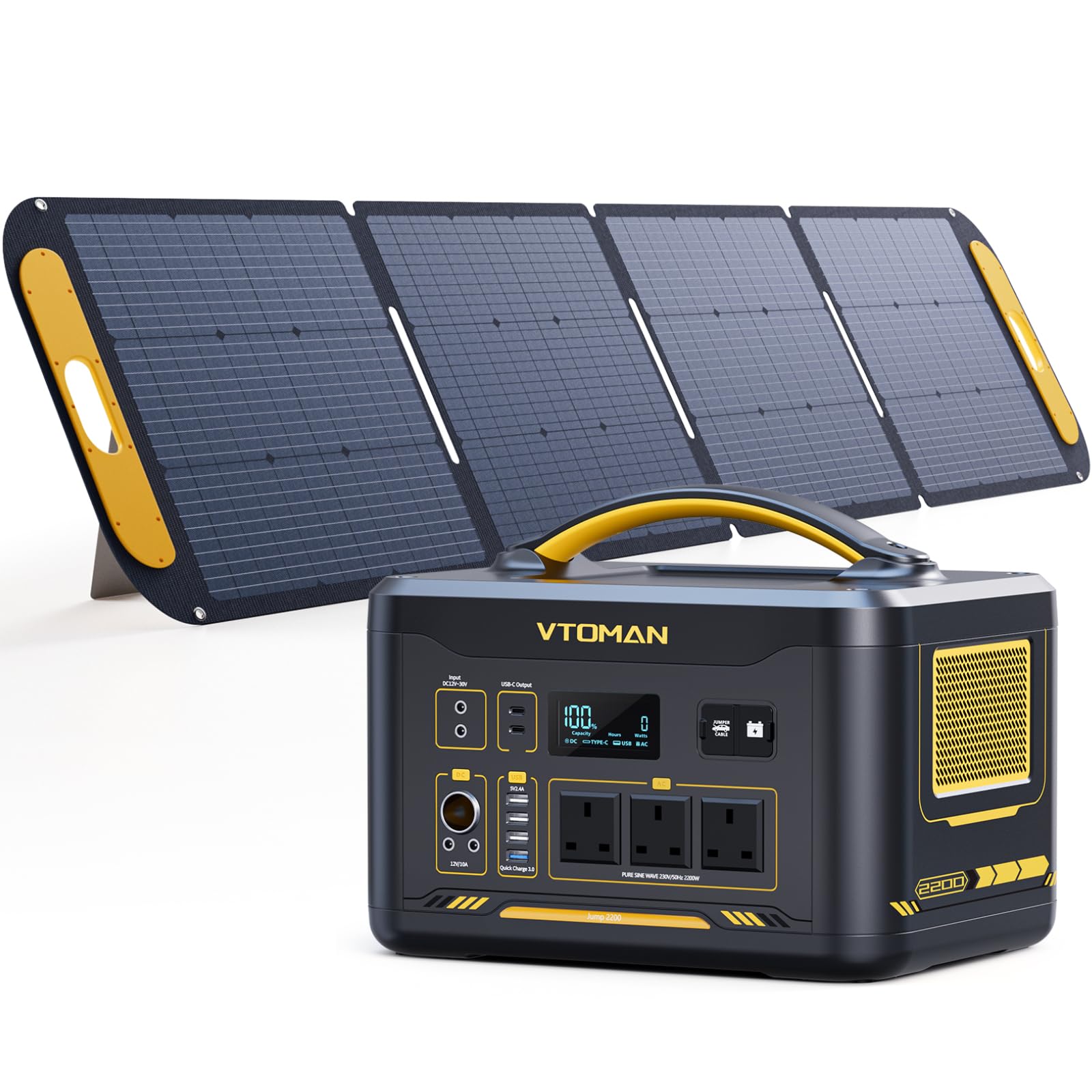 VTOMAN Jump 2200 Portable Power Station with 200W Solar Panel - 2200W/1548Wh LiFePO4 Battery Powered Solar Power Generator, 2200W Constant-Power, Regulated 12V DC, PD 100W Type-C for Camping, Travel