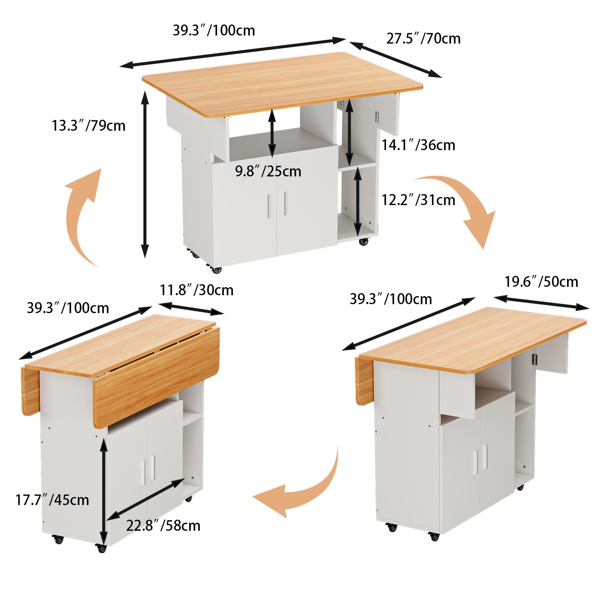 Mesa de Comedor Plegable Mesa de Cocina con Ruedas 1 Armario Grande y 3 Compartimento Abierto Aparador móvil Mesas para Espacios pequeños Comedor Cocina 100 x 70 x 79 cm Naranja y Blanco