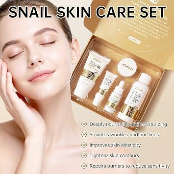 Snail Skin Care Set with Red Ginseng - 5PCS Korean Skin Care Set with Facial Cleanser, Toner, Serum, Eye Cream & Face Cream - Moisturizing and Smoothing Skin - Skincare Gifts for Women Teen Girls