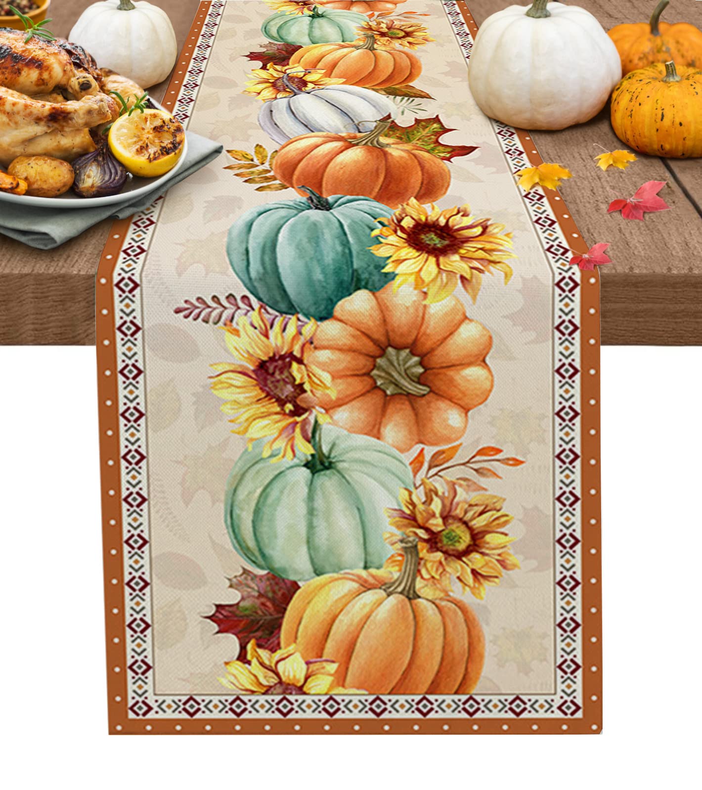 LooPoPThanksgiving Fall Pumpkin Table Runners Maple Leaf Orange Lattice 13x90 Inches Long Washable Table Runner for Round Table Kitchen Coffee Dining End Table Living Room Use
