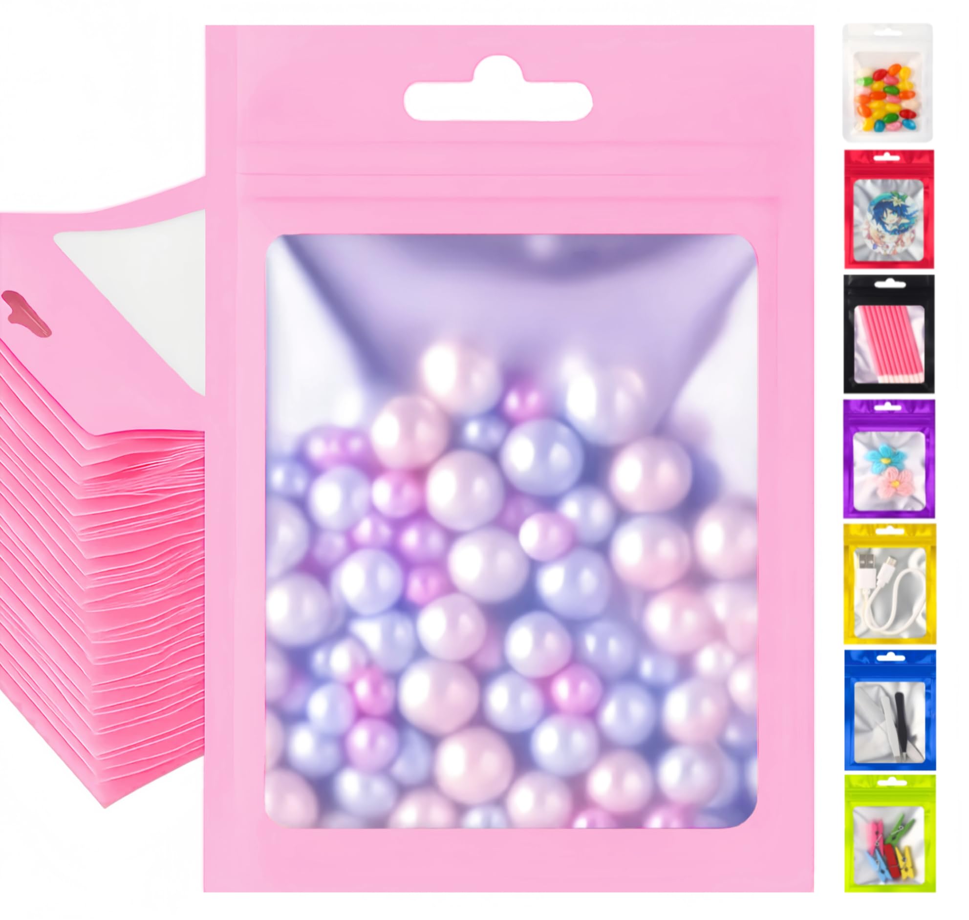 Plaphy 100-Pack Resealable Mylar Bags with Window, Ziplock Sample Bags, Aluminium Foil-Lined Pouches with Hang Hole for Food Storage, Accessories Packaging & Retail (Pink, 2.75 x 3.9 inches)
