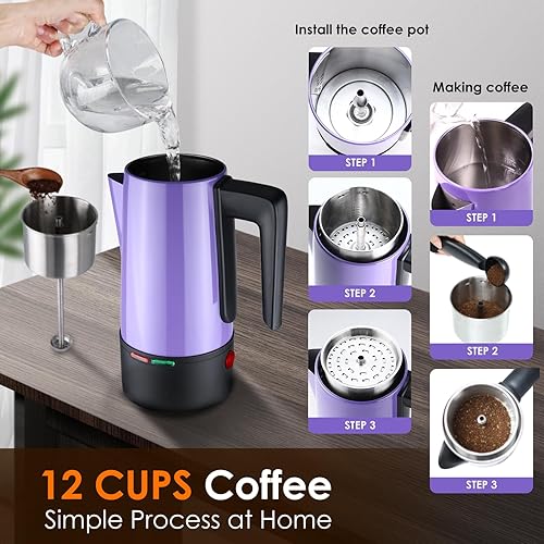Miniatura 6 de HOMOKUS Percolador de café eléctrico de 12 tazas Percolator Cafetera de acero inoxidable con perilla transparente, mango de tacto frío, función de