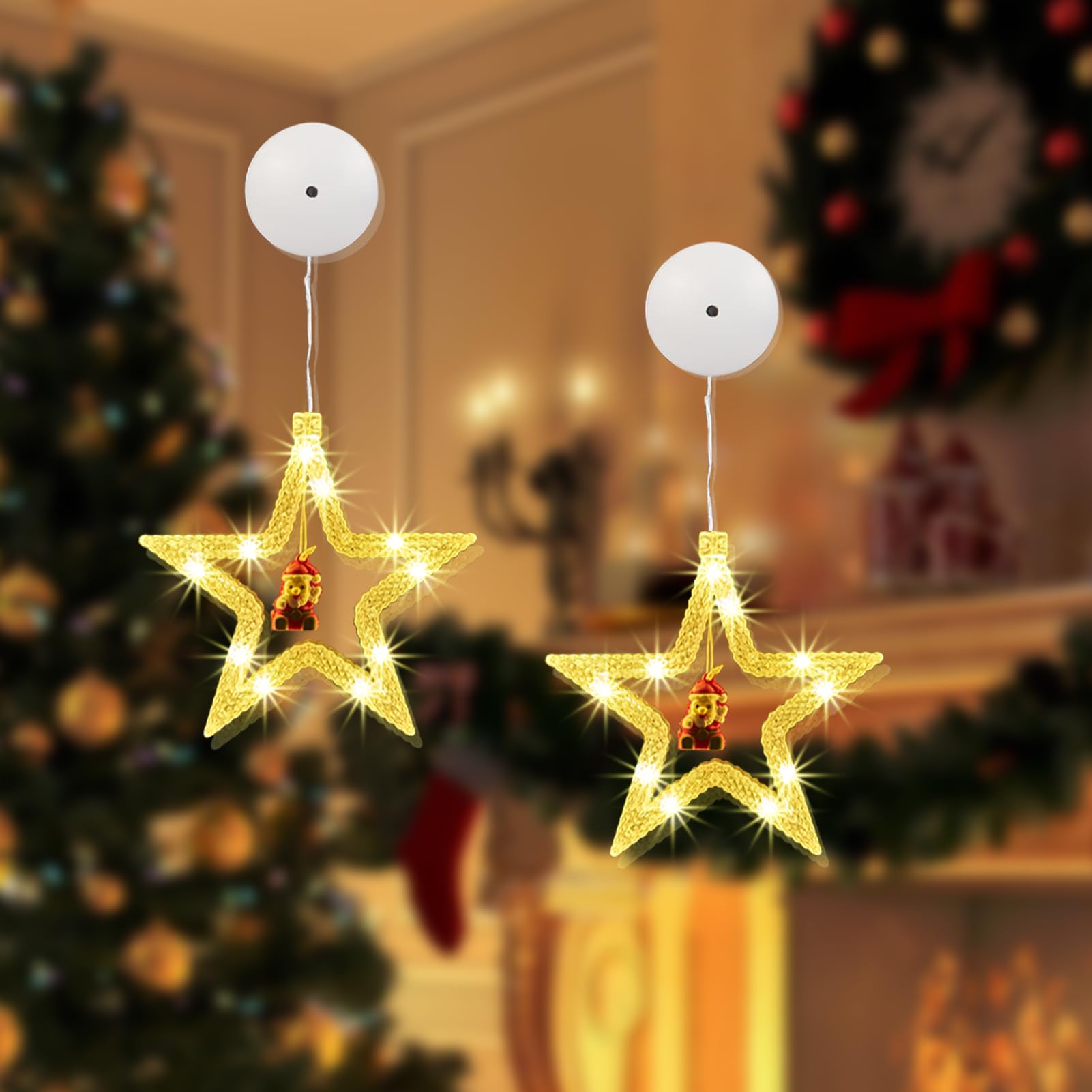 Drezesov LED Weihnachtsbeleuchtung Innen, 2 Stück LED Sterne Weihnachtsbeleuchtung Warmweiß Batteriebetriebene mit Saugnäpfe Weihnachtsdeko Fenster für Weihnachten Deko, Party,Hochzeit Beleuchtung