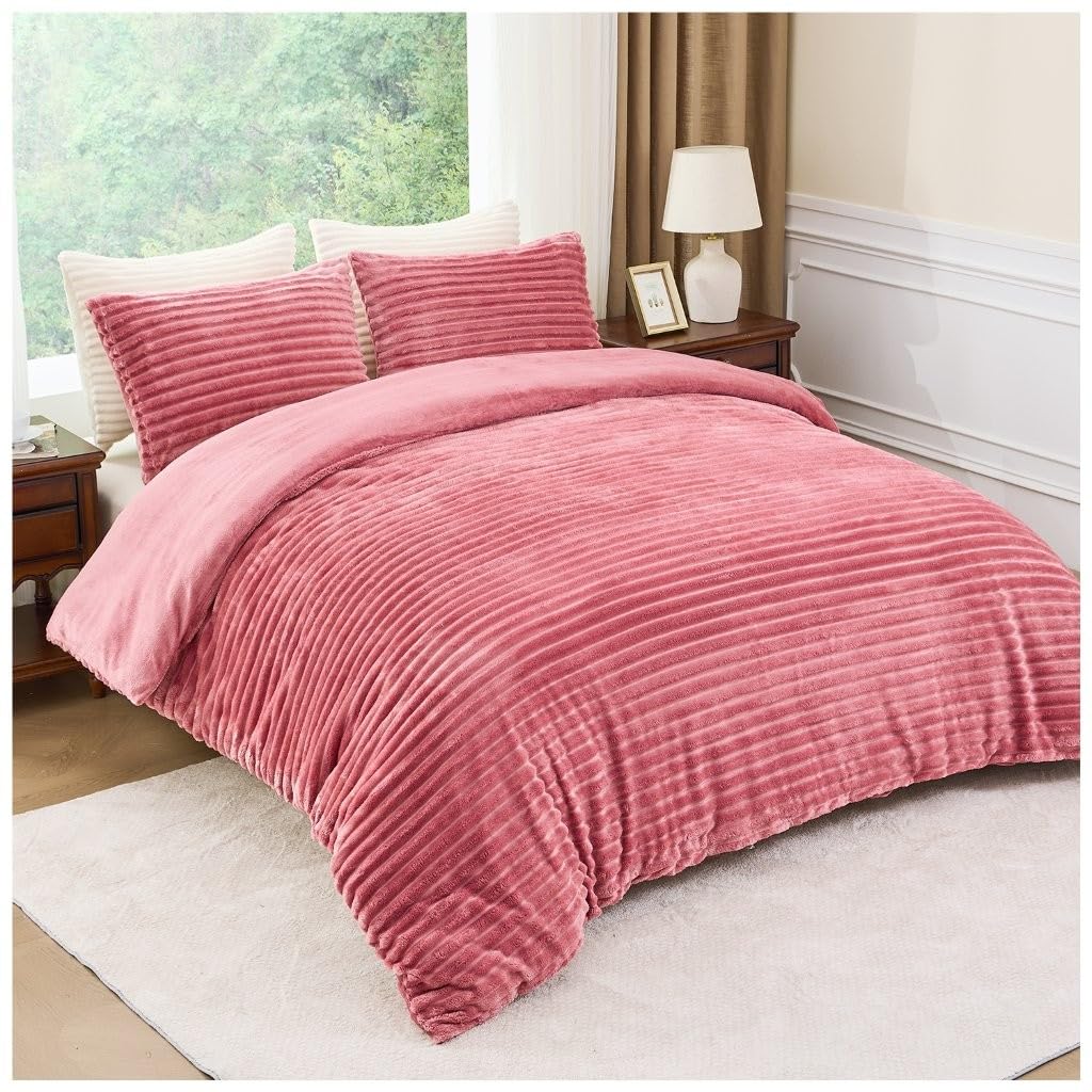 Osum Chunky Ribbed Cord Teddy Bear Winter Duvet Cover Set – Super Soft Fluffy Sherpa Fleece Bedding with Pillowcases, Warm & Cosy Thermal Quilt Cover for Winter Comfort (Blush Pink, Single)