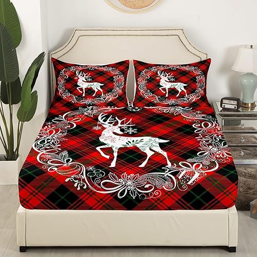 Miniatura 3 de Manfei Juego de sábanas de ciervo de Navidad, tamaño matrimonial, juego de ropa de cama con estampado de hojas florales a cuadros rojos para
