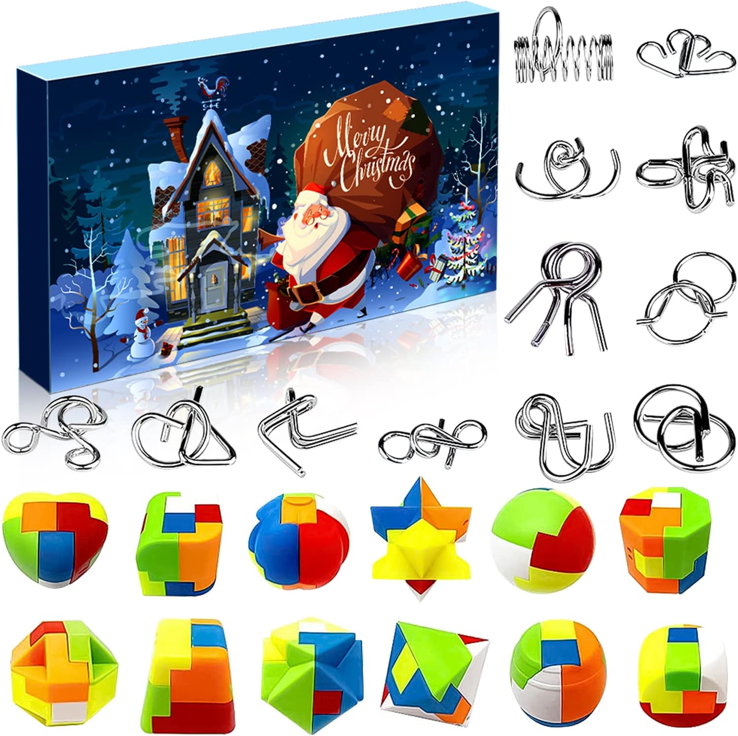 Set of 24 Brain Teaser Puzzles Toys Metal Wire Puzzle Plastic Puzzle Advent Calendar 2023 Countdown Calendar Gift Box for Kids Adults Challenge