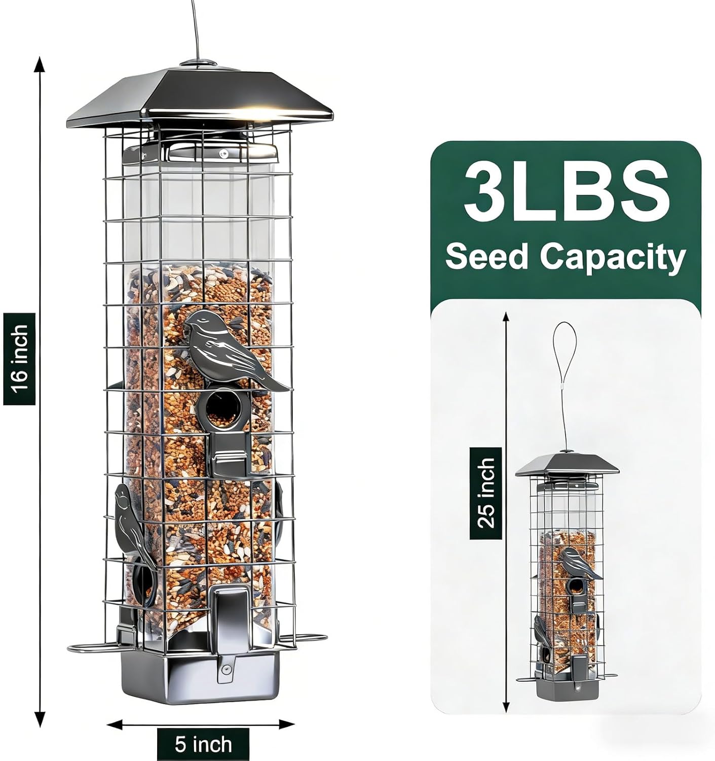 Squirrel Proof Bird Feeders for Outdoors, Metal Wild Bird Feeder for Outside Hanging, 4 Ports Perches, 3LB Large Capacity(Gray)