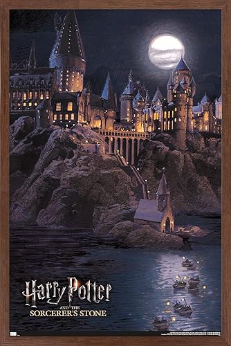 Vista 7 de Harry Potter y la piedra del brujo - Póster de pared de Hogwarts por la noche, 22.4 pulgadas de largo x 14.7 pulgadas de ancho, versión enmarcada