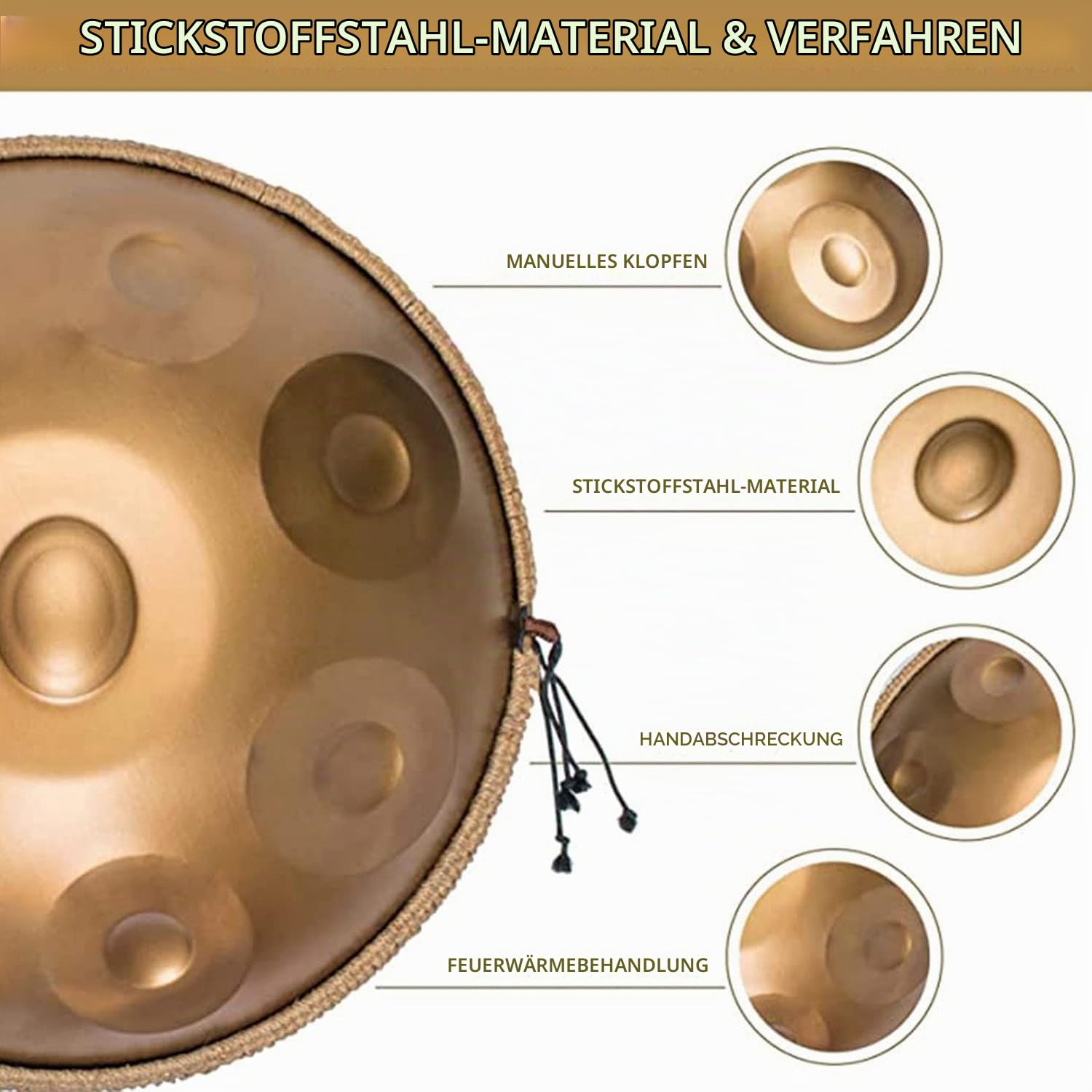 Handpan Drum 22 Zoll Schlaginstrument Handtrommel aus Stahl mit weicher Handpantasche, 2 Handpanschlägel, Handpanständer, fusselfreiem Tuch – 9/10/12 Noten (optional)