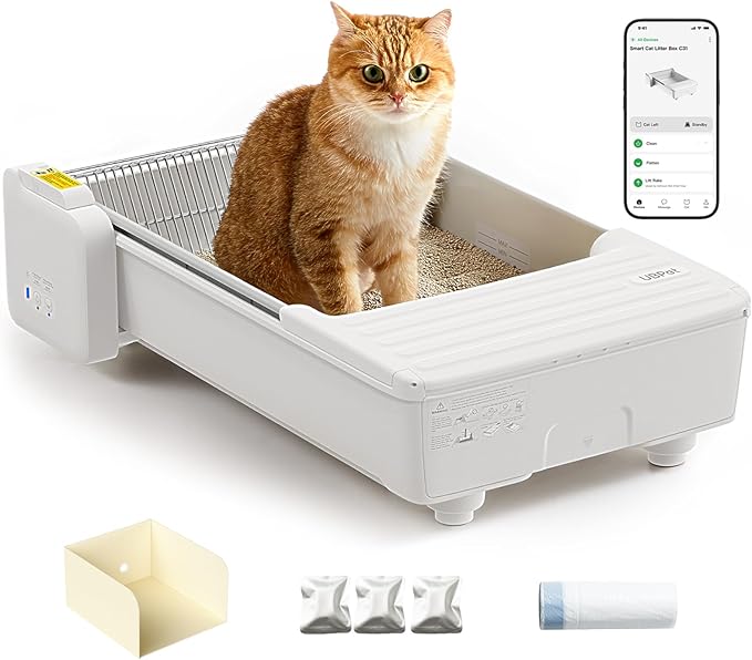 UBPET C31 Cat Litter Tray Self-Cleaning, Open Self-Cleaning Cat Litter Tray with App Control, Deodoriser, Double Data Teeth Design, Large Capacity, Automatic Cat Litter Tray for Multiple Cats