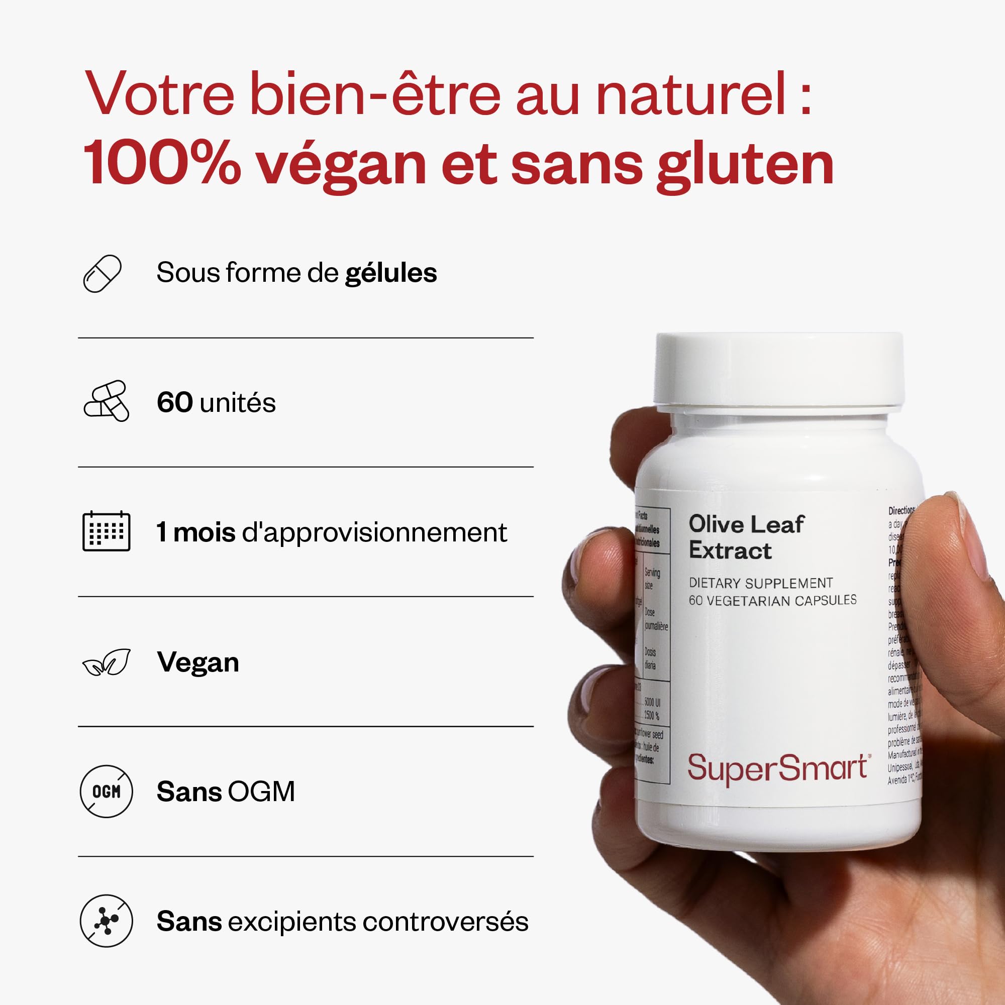 Supersmart - Olive Leaf Extract - Conçue Naturellement à Partir des Feuilles d’Olivier - Contribue à Diminuer le Taux de Triglycérides | Sans OGM - 60 Capsules Végétariennes