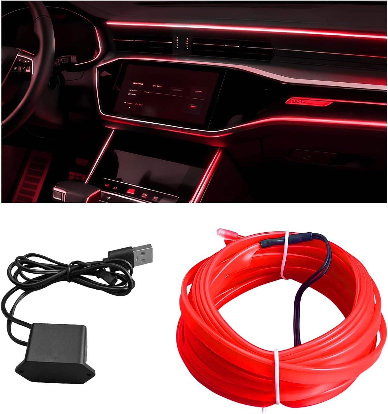 EL Wire Interior Car LED Strip Lights, 16.7FT 5V Neon Glowing Strobing Light Strip with Sewing Edge, USB Electroluminescent Wire Stripes Vehicle Ambient Lighting Decorations (Red)