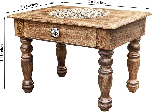 Miniatura 21 de DharmaObjects Mesa de meditación de altar del santuario de Puja tallada a mano de madera maciza de mango (flor de vida) Flower of Life,OM,Árbol de