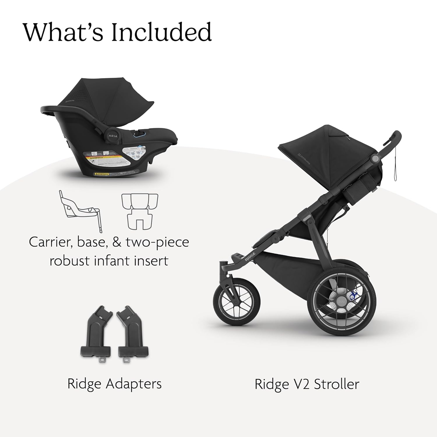 UPPAbaby Ridge V2 All-Terrain 3-Wheel Jogging Stroller + Aria V2 Infant Car Seat Travel System – Newborn to Toddler Stroller Combo, Car Seat Base Included, Never Flat Tires – James + Jake (Black)