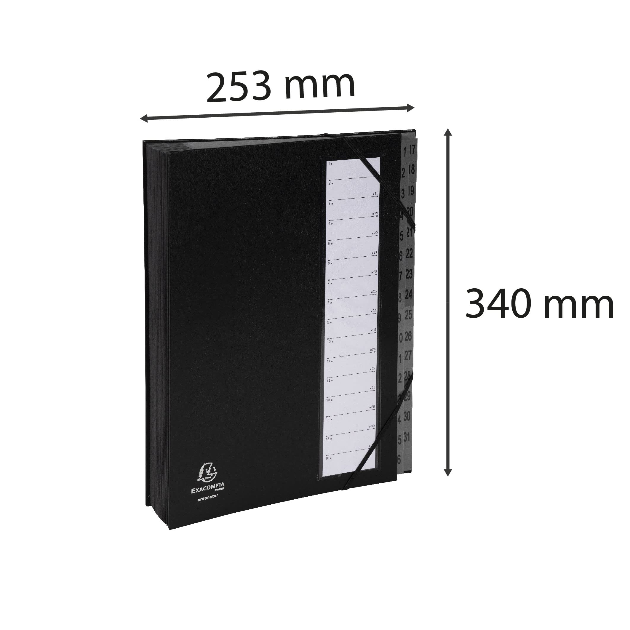 Exacompta - Réf. 56032E - 1 trieur Ordonator - avec élastiques - couverture rigide en carton - onglets imprimés plastifiés de 1 à 31 - 32 compartiments - dim 23,5 x 33,5 cm - pour A4 - couleur noir