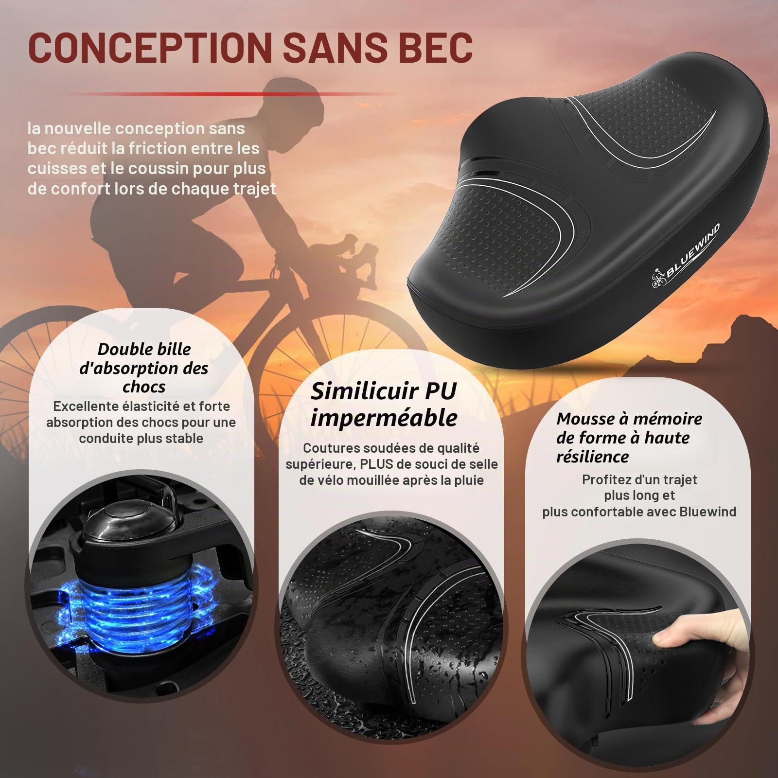 BLUEWIND Noseless Selle de vélo surdimensionnée avec dossier large pour vélo électrique, s'adapte à la plupart des vélos d'appartement ou de route stationnaires pour homme et femme (noir)