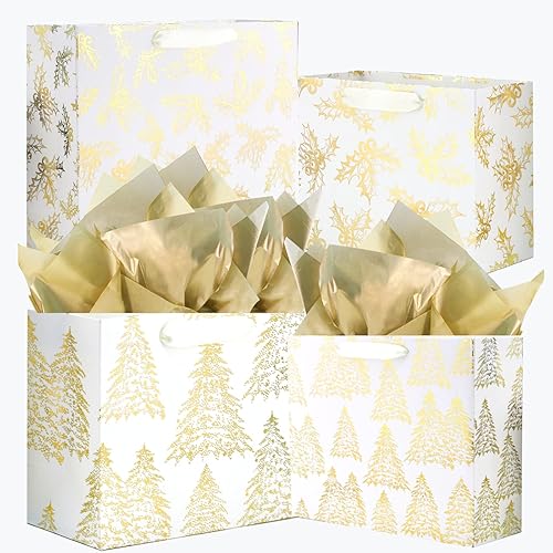 UNIQOOO 12 bolsas de regalo de Navidad doradas metálicas surtidas, tamaño L 12.5 pulgadas M 9 pulgadas, bolsas de papel dorado para envolver regalo