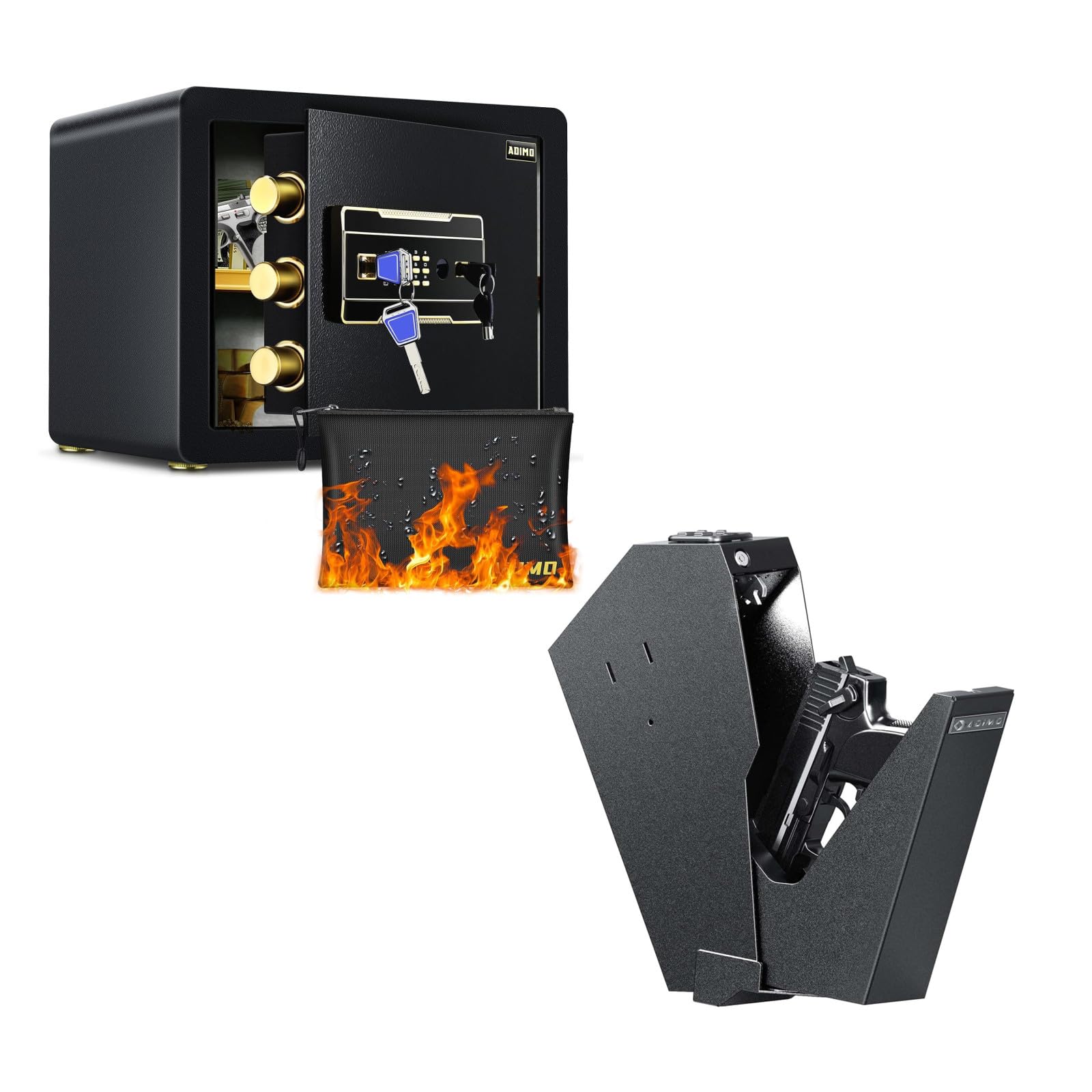 Home Safe Box and Gun Safe, 1.2 Cubic Feet Security Safe Box with Fireproof Waterproof Money Bag, Biometric Pistol Safe Fingerprint Quick Access Drop Down Single Mount Gun Safe