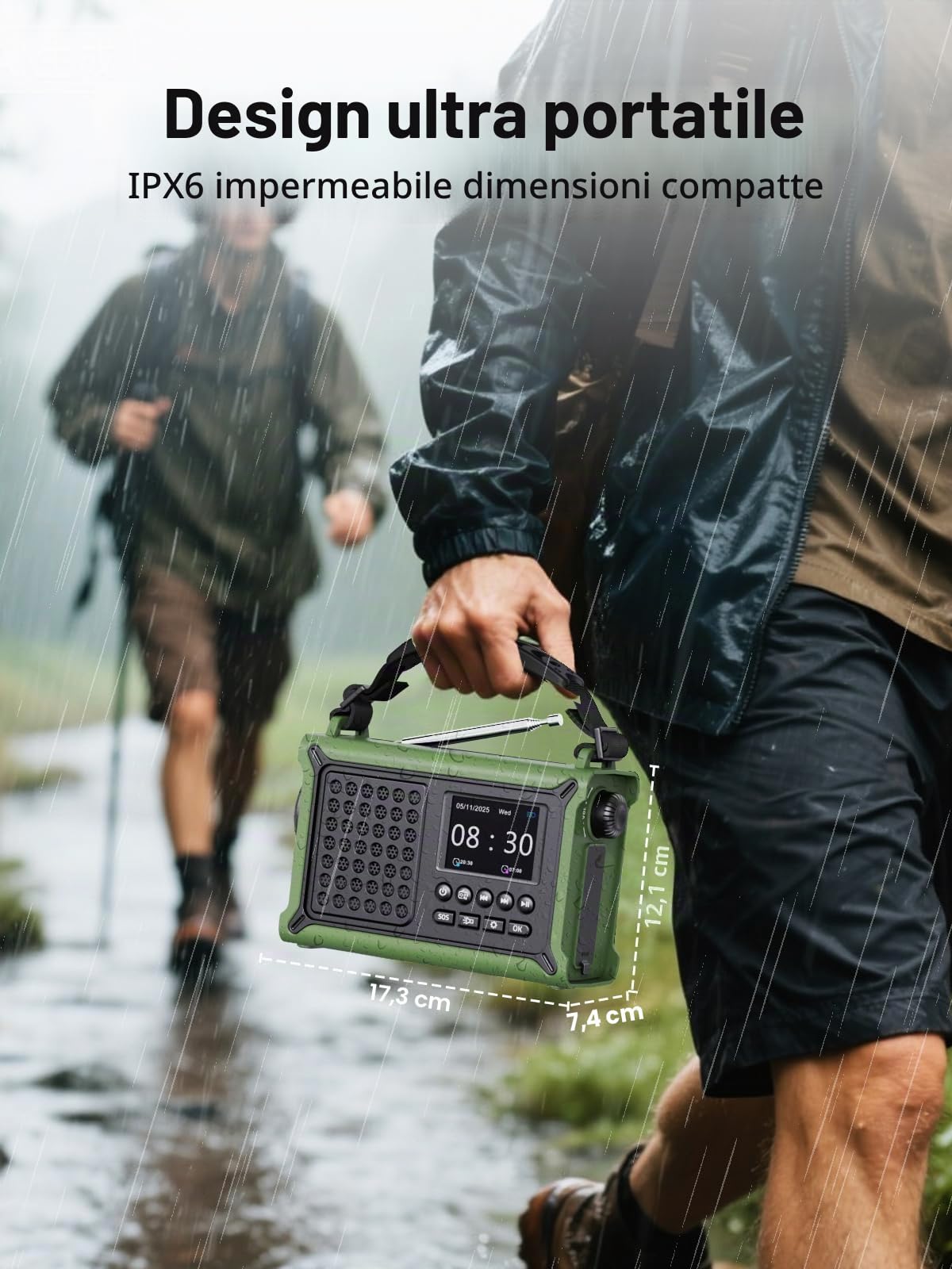 ROCAM Radio DAB Portatile con Bluetooth, Radio a Manovella 12000mAh con Pannello Solare e Dinamo, Radio Digitale DAB+/FM con Display a Colori 2,4", 80 Stazioni, Torcia LED,USB, SOS, IPX6 per Campeggio