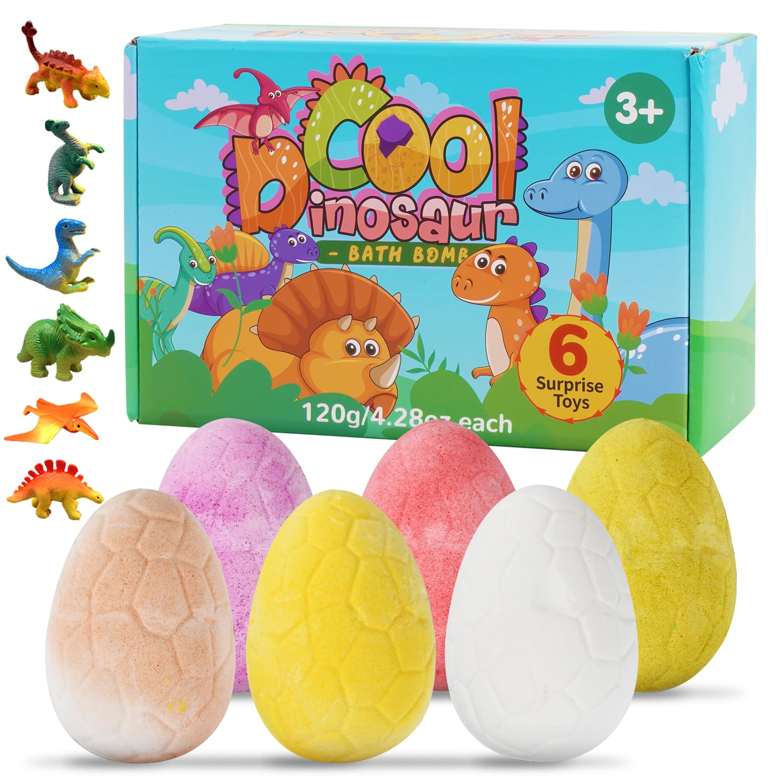 Bezavea 6 Pack Bath Bombs for Kids with Surprise Dinosaurs Toys Inside, Handmade Large Bath Bombs Gift Set, Natural Essential Oil SPA Bath Fizzies Set, Christmas Birthday Gifts for Boys Girls (B)